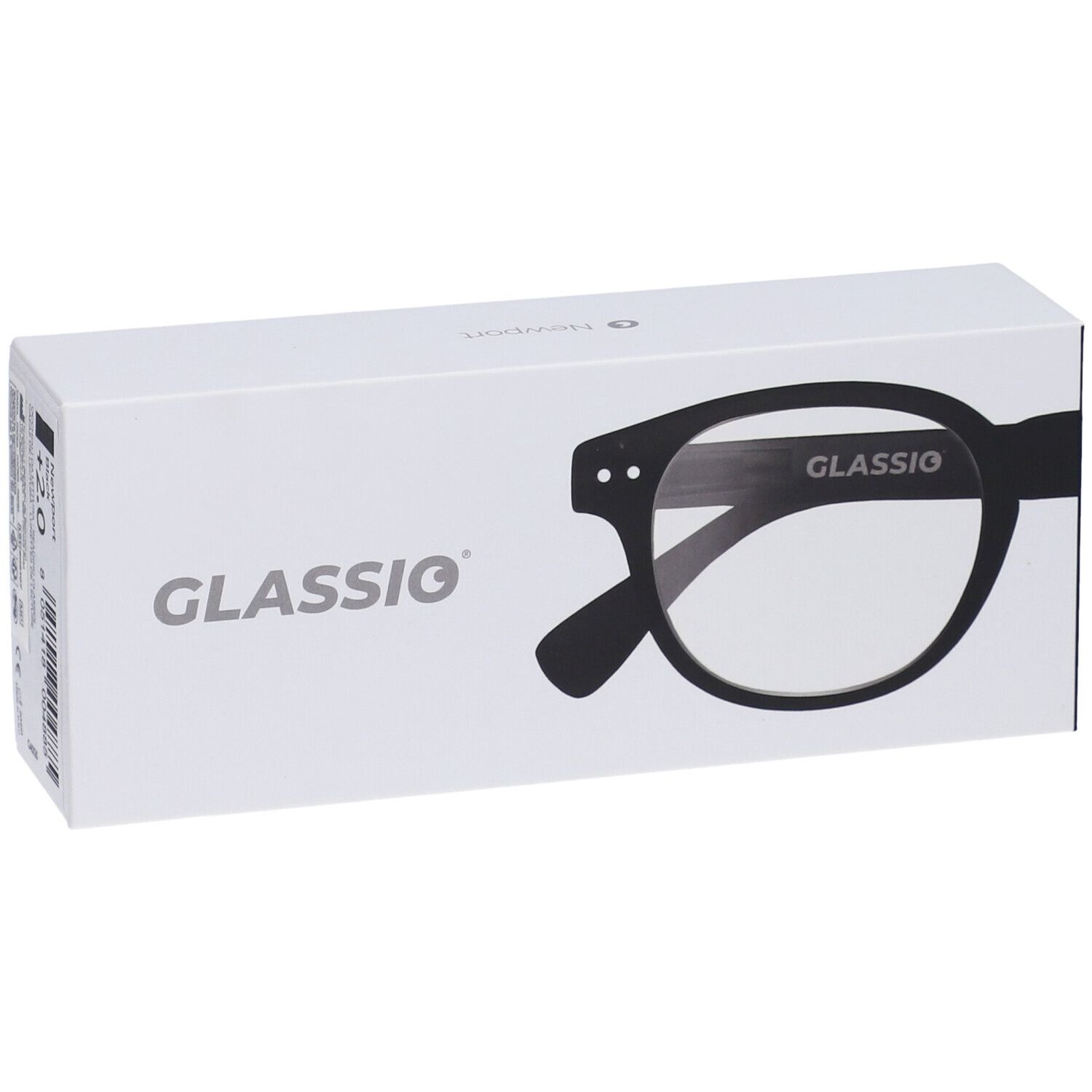 Confezione bianca con illustrazione di occhiali neri e logo Glassio. Occhiali con montatura nera.