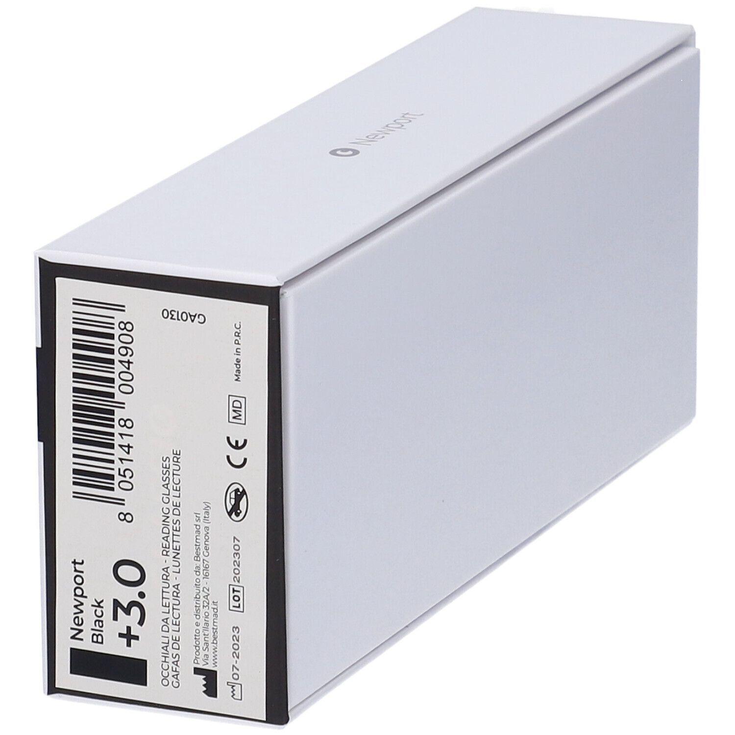 Confezione bianca con informazioni sul prodotto e codice a barre. Scritta: Newport Black +3.0.