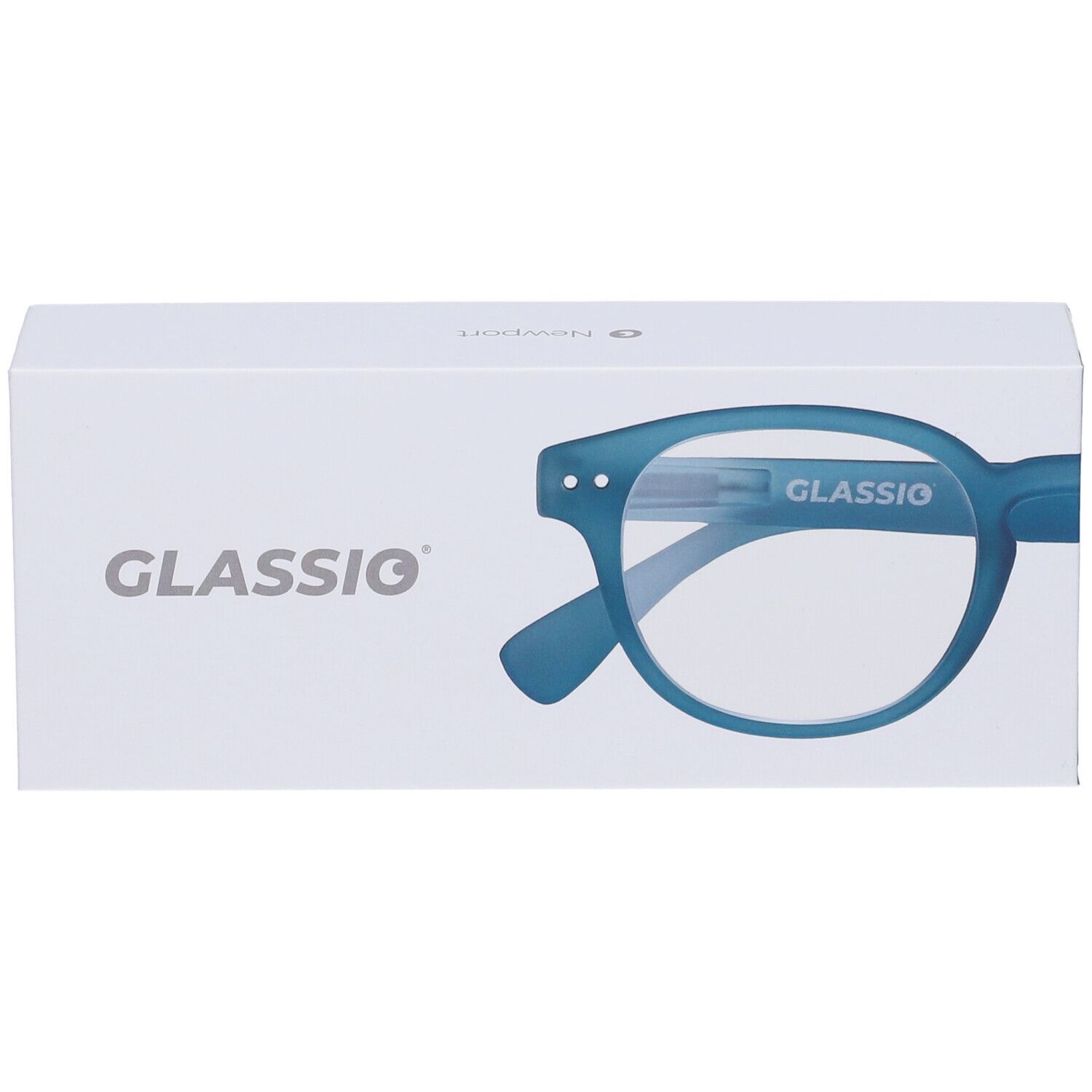 Occhiali blu in confezione bianca. Il marchio GLASSio è visibile sulla scatola.