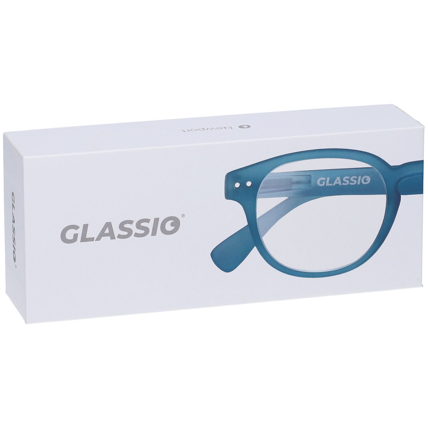 Occhiali blu in confezione bianca. Il marchio GLASSio è visibile sulla scatola.