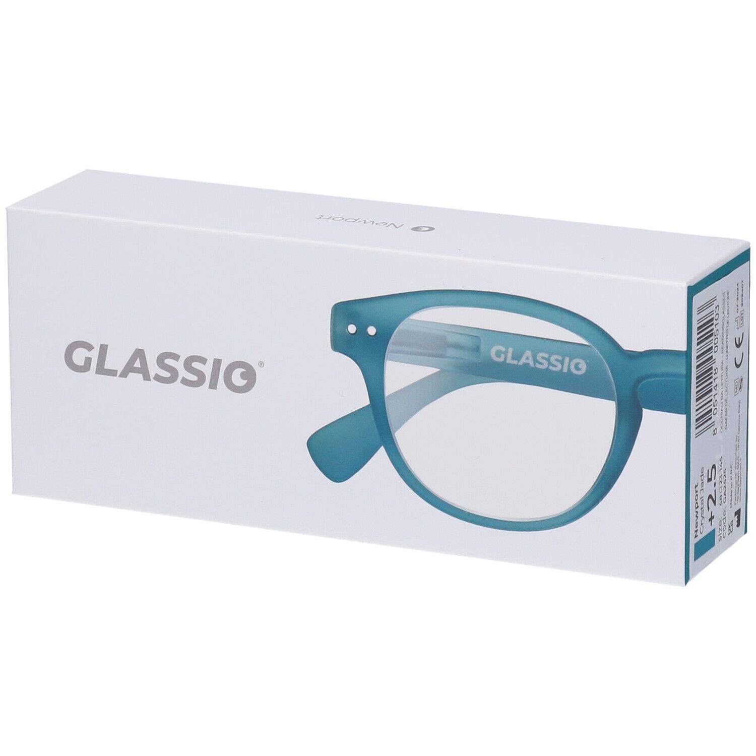 Occhiali in confezione. Marchio Glassio. Montatura blu, +2,5 diottrie. Il nome Glassio è stampato sulla confezione.