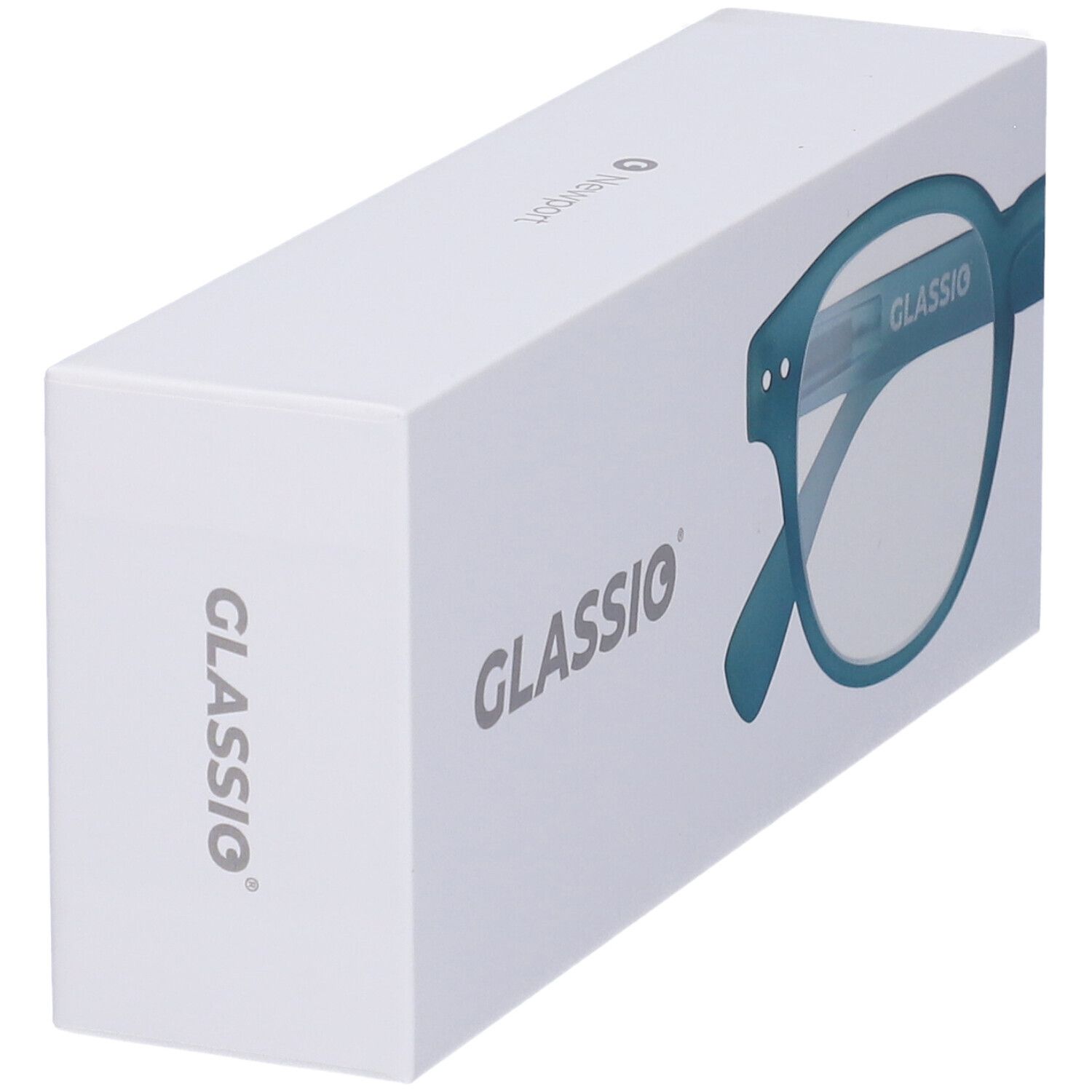 Confezione con occhiali. Marchio Glassio. Il nome Glassio è stampato sulla confezione. Montatura blu, +2,5 diottrie.