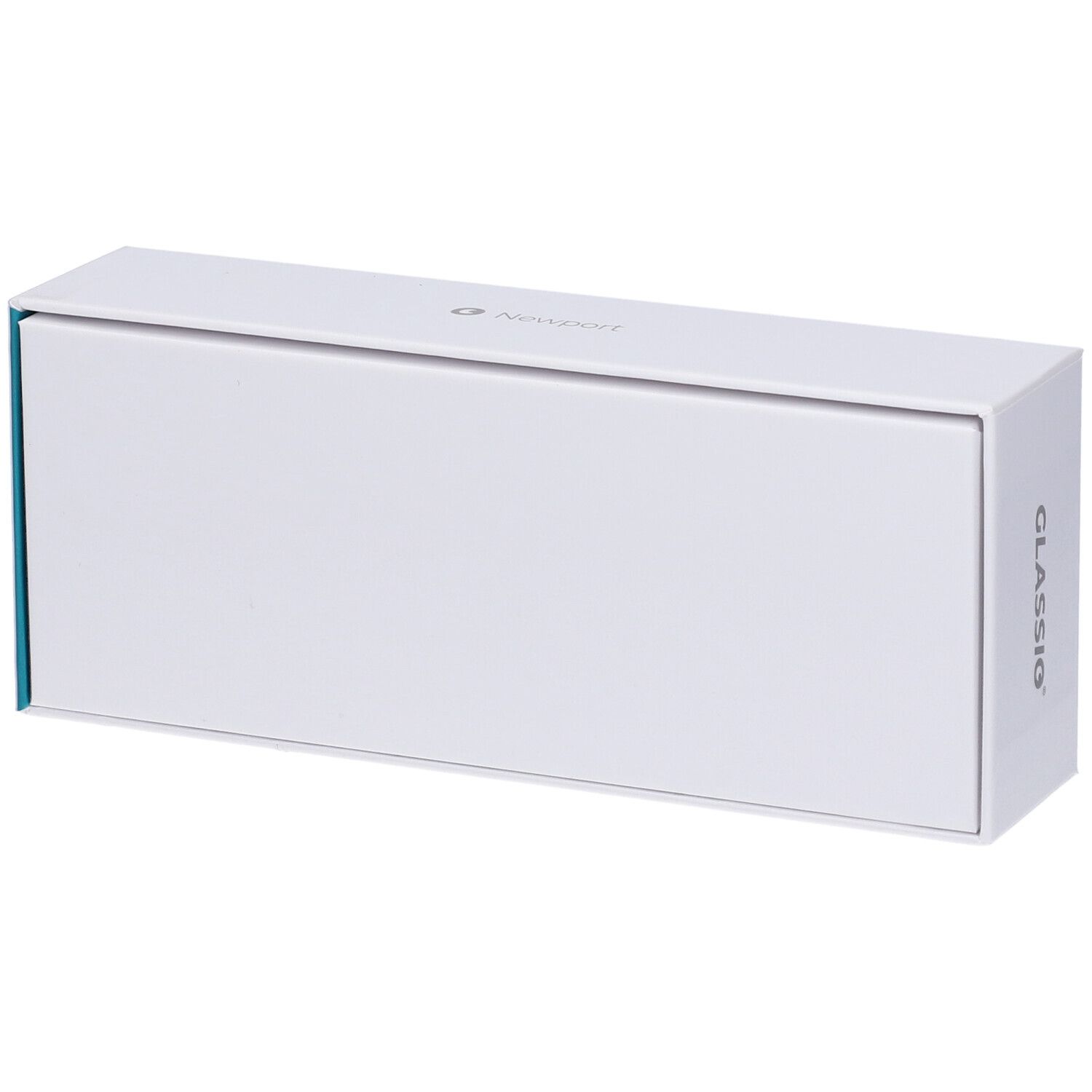 Confezione rettangolare bianca. Marchio Glassio. Montatura blu, +2,5 diottrie.