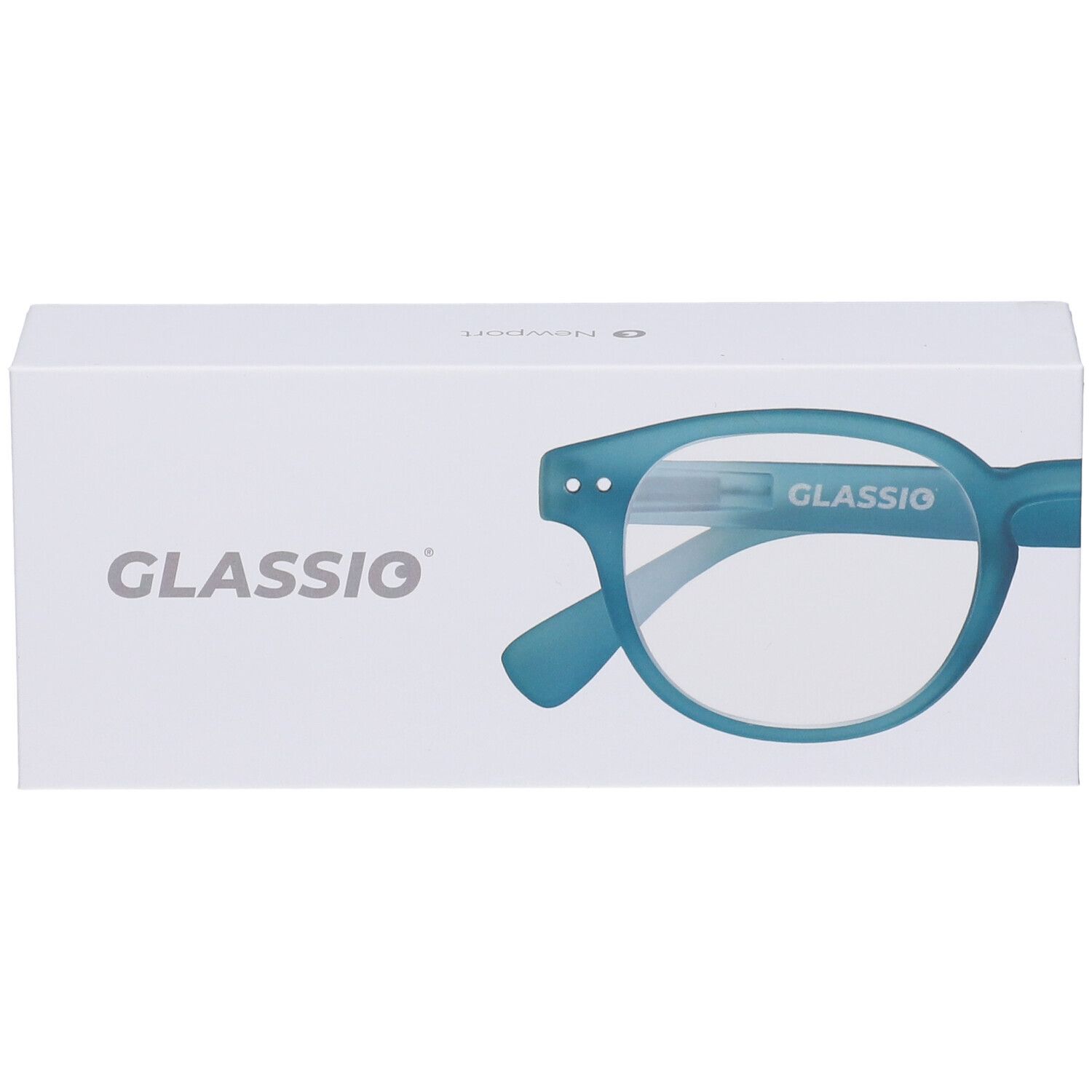 Occhiali in confezione. Marchio Glassio. Montatura blu, +2,5 diottrie. Il nome Glassio è stampato sulla confezione.