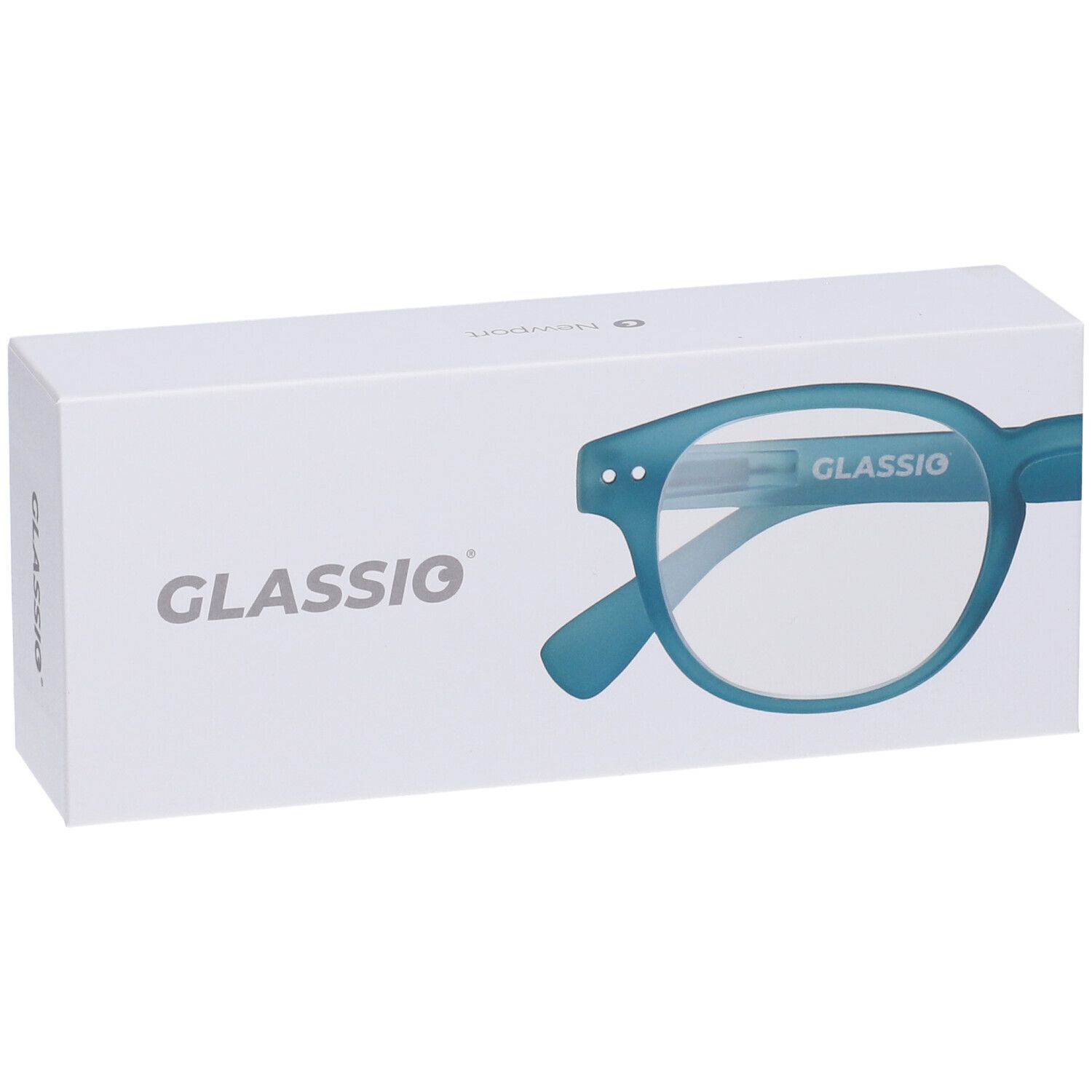Occhiali in confezione. Marchio Glassio. Montatura blu, +2,5 diottrie. Il nome Glassio è stampato sulla confezione.
