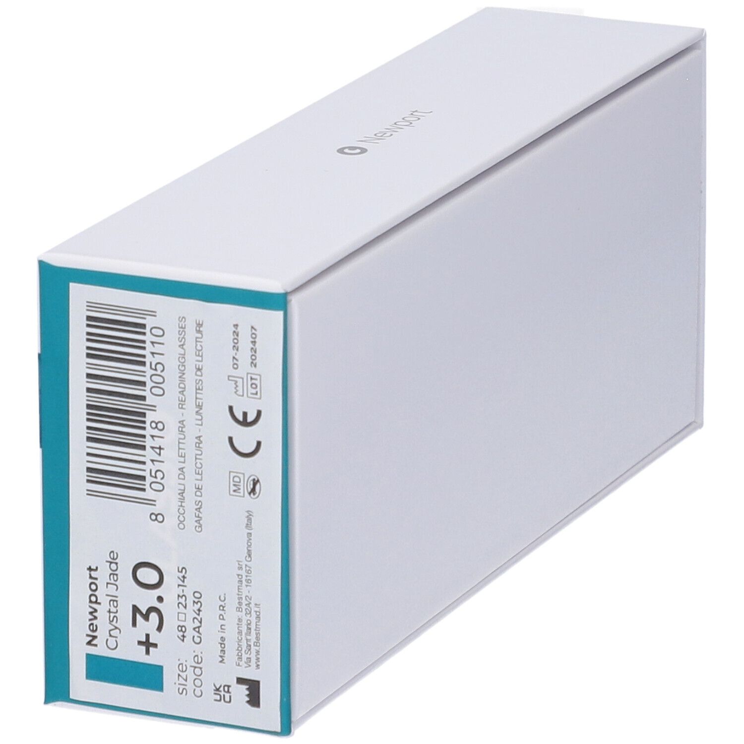 Scatola bianca con informazioni sul prodotto. Stampato: Newport Crystal Jade +3.0, marchio CE.