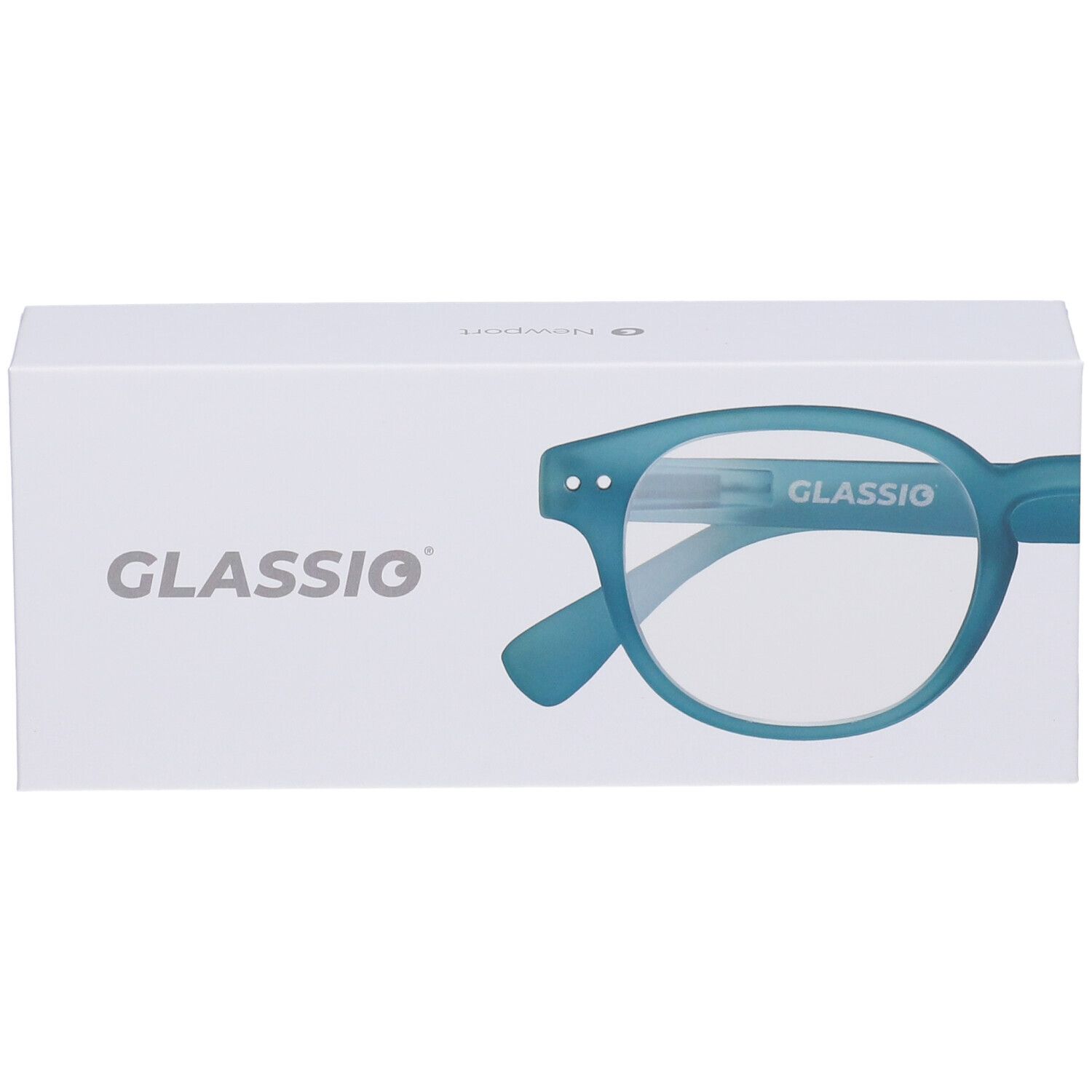 Scatola bianca con scritta "GLASSiO" e occhiali blu. Sugli occhiali è scritto "GLASSiO".