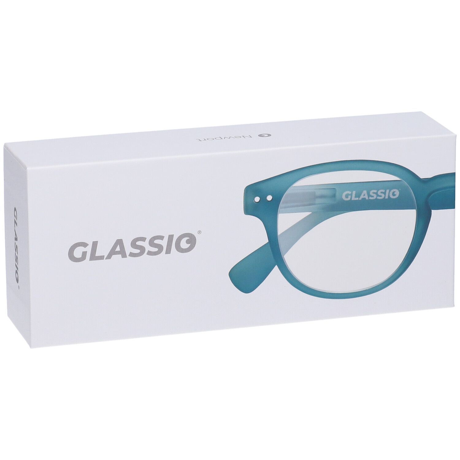 Scatola bianca con scritta "GLASSiO" e occhiali blu. Sugli occhiali è scritto "GLASSiO".