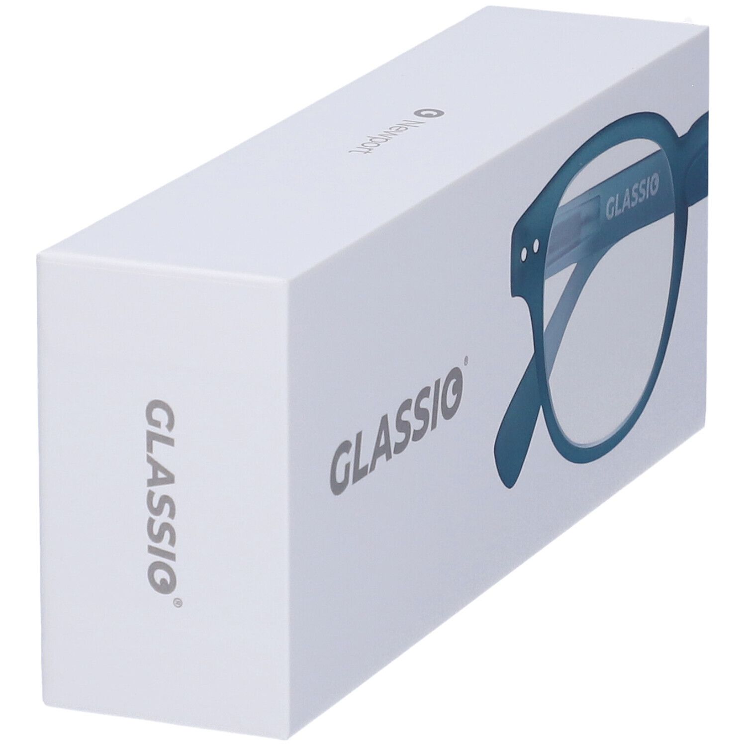 Confezione bianca con logo Glassio. Occhiali blu parzialmente visibili. Scritta Glassio sulla confezione.
