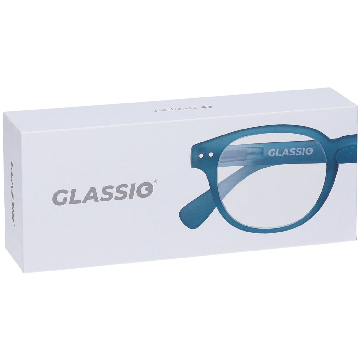Confezione bianca con logo Glassio e occhiali blu. Scritta Glassio sugli occhiali e sulla confezione.