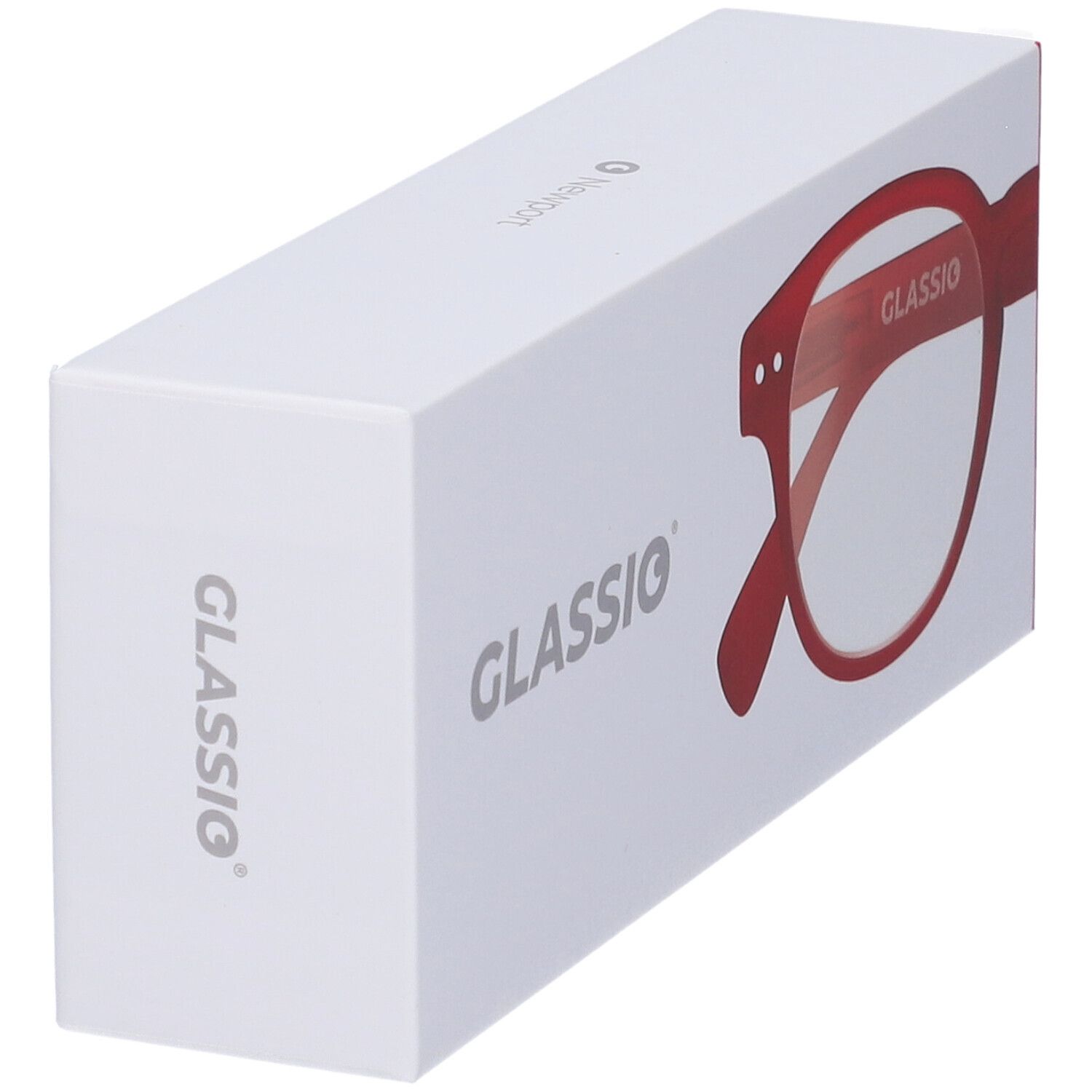 Confezione bianca con occhiali rossi. Scritta "GLASSio". Occhiali parzialmente visibili. Confezione inclinata.
