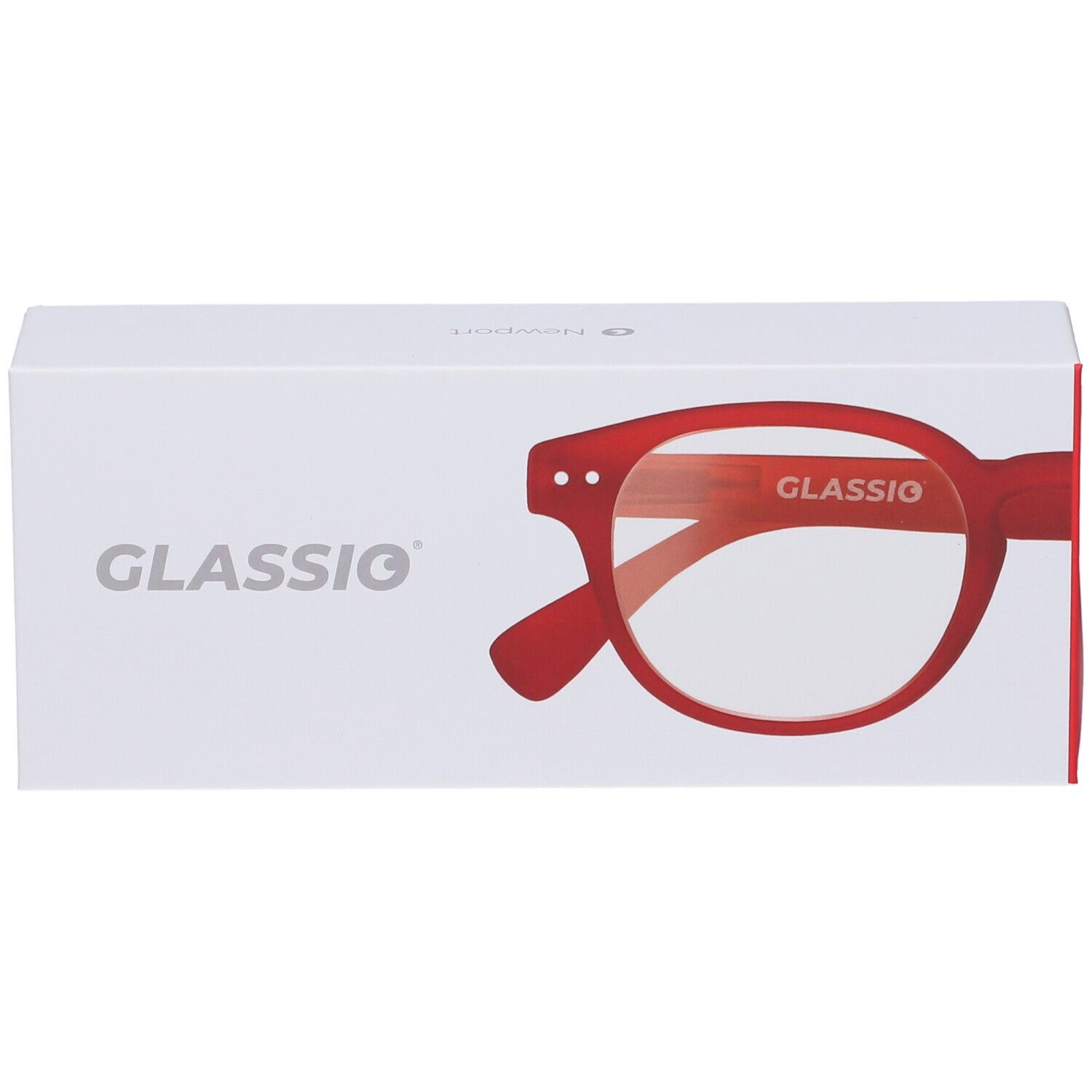 Confezione bianca con occhiali rossi. Scritta "GLASSio". Occhiali parzialmente visibili. Confezione inclinata.