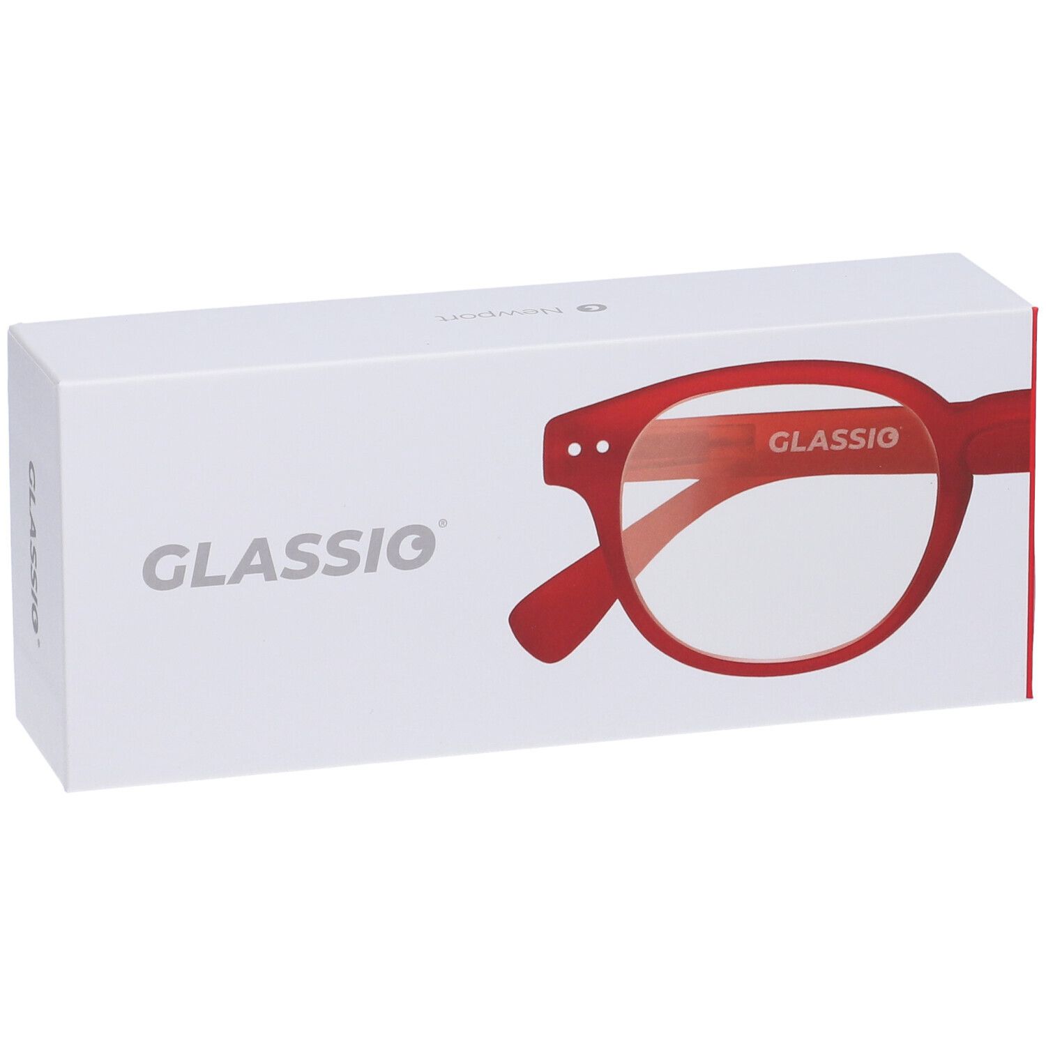 Confezione bianca con occhiali rossi. Scritta "GLASSio". Occhiali parzialmente visibili. Confezione inclinata.