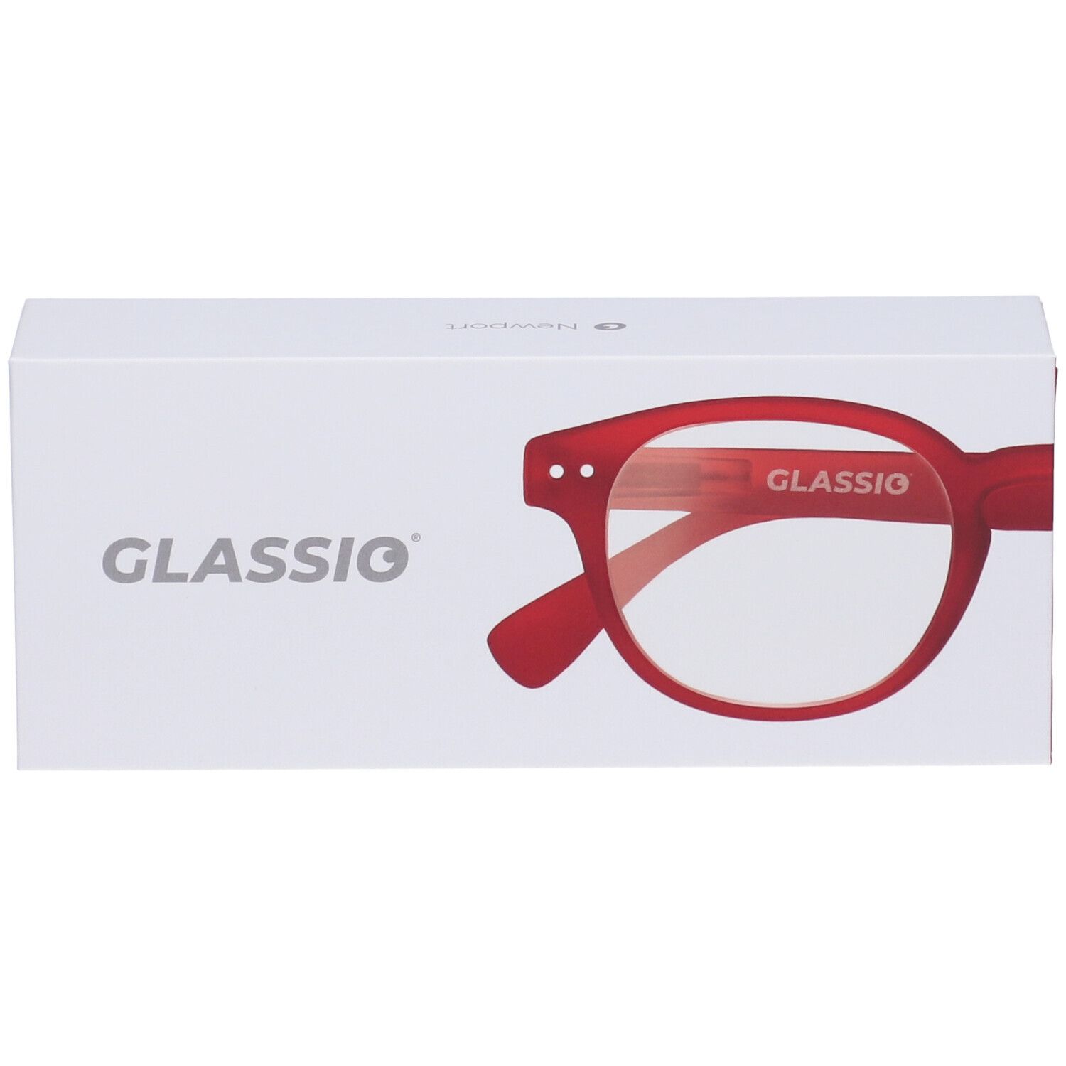 Scatola bianca con occhiali rossi. Scritta GLASSIO.