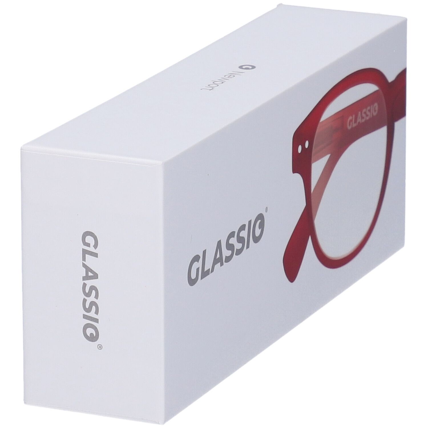 Confezione bianca con logo Glassio. Occhiali rossi raffigurati. Marchio Glassio.