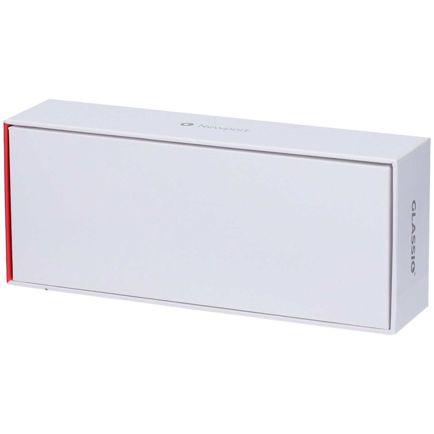 Confezione rettangolare bianca con accento rosso. Marchio GLASSIO. Scatola con GLASSIO.