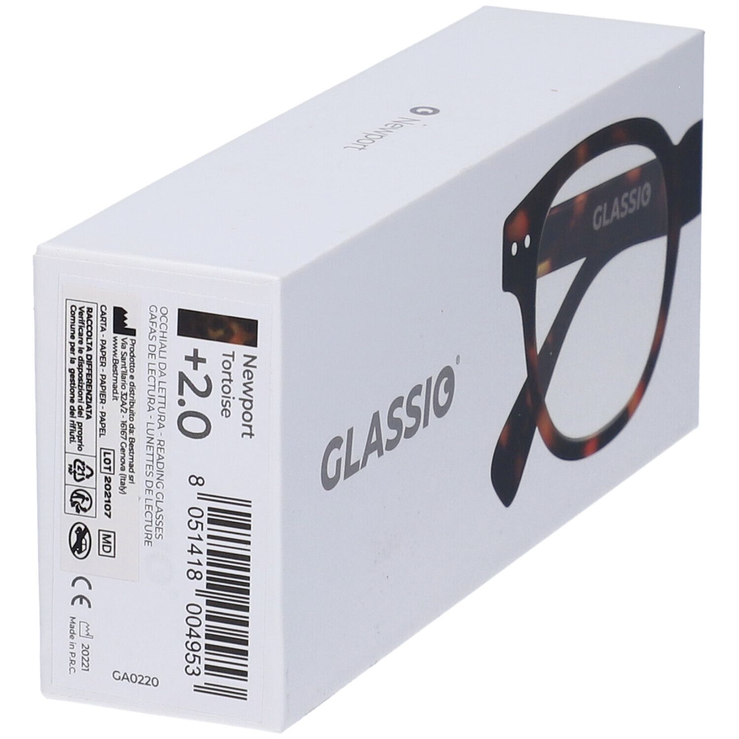Astuccio con informazioni sul prodotto. Glassio, Newport Tortoise +2.0. Codice a barre e marchio CE.