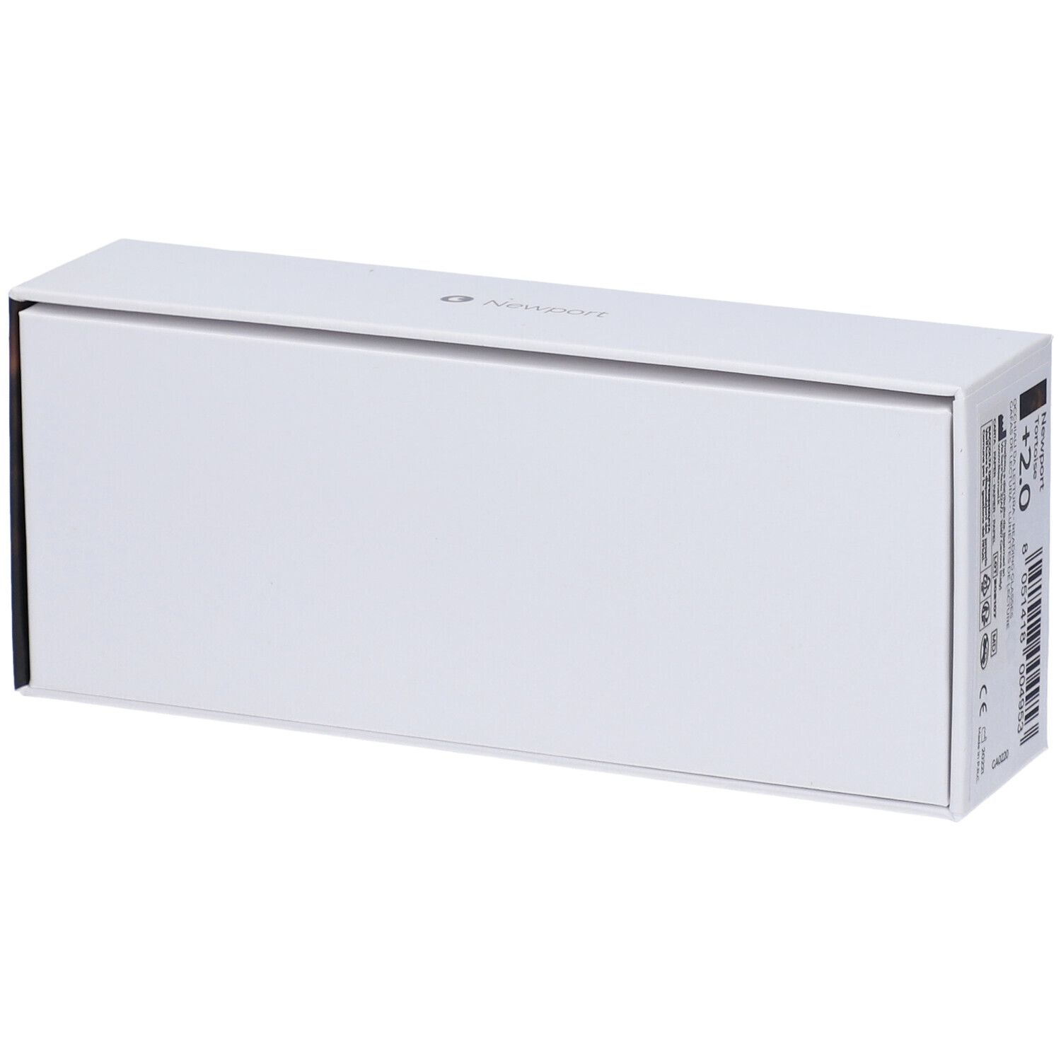 Astuccio per occhiali bianco, rettangolare. Scritta Glassio. Informazioni sul prodotto sul retro.