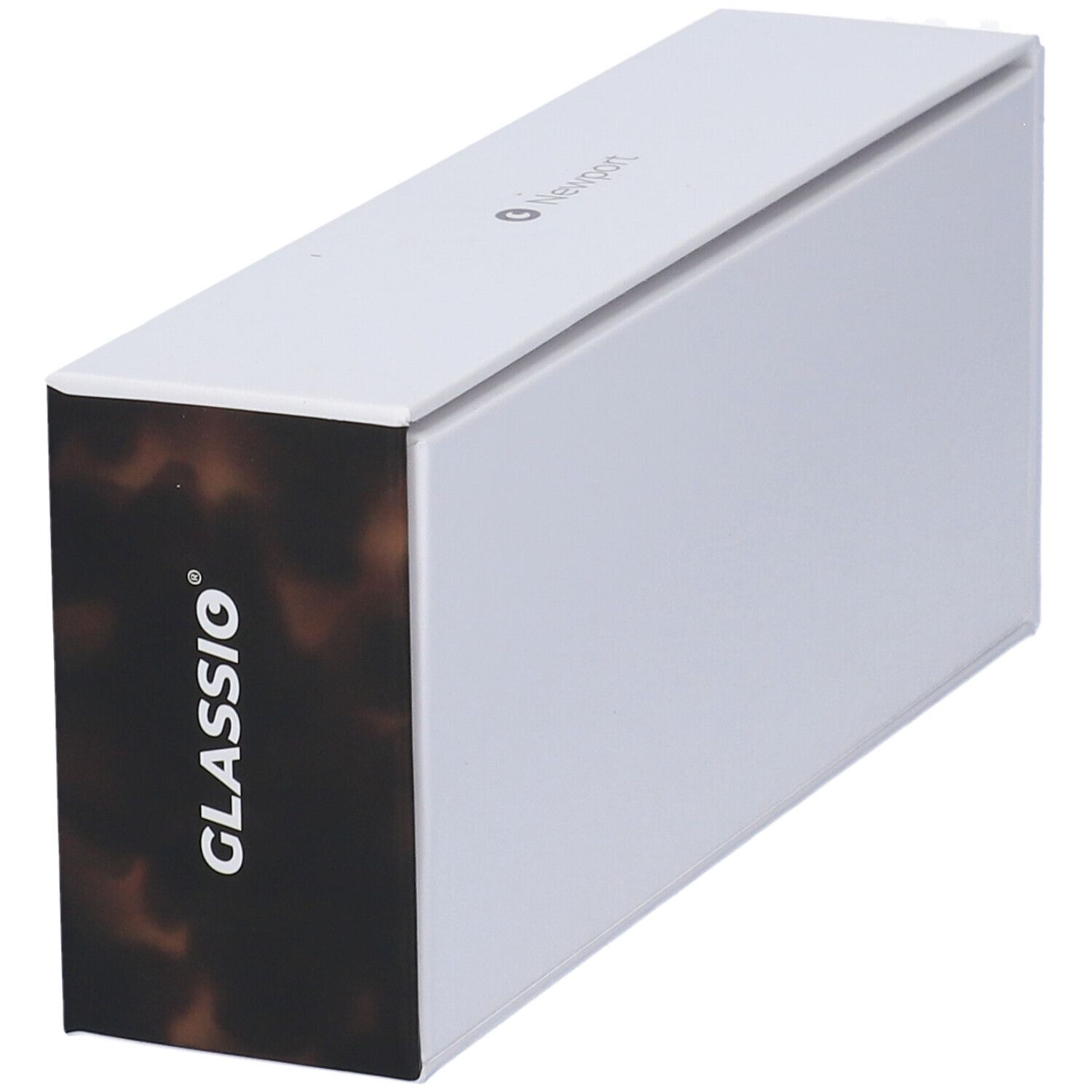 Astuccio per occhiali, bianco con fantasia tartarugata. Logo Glassio. Forma angolare.