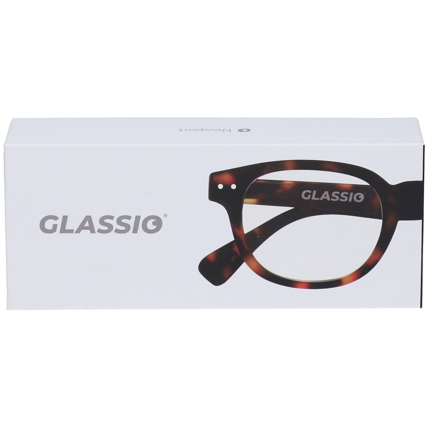 Astuccio per occhiali Glassio con logo e disegno. Fantasia tartarugata. Scritta Glassio.