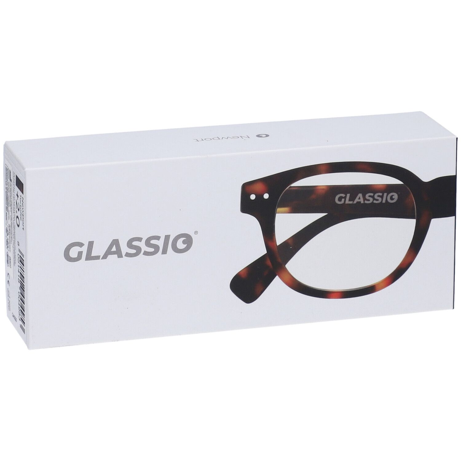 Astuccio per occhiali Glassio con logo e disegno. Fantasia tartarugata. Scritta Glassio.