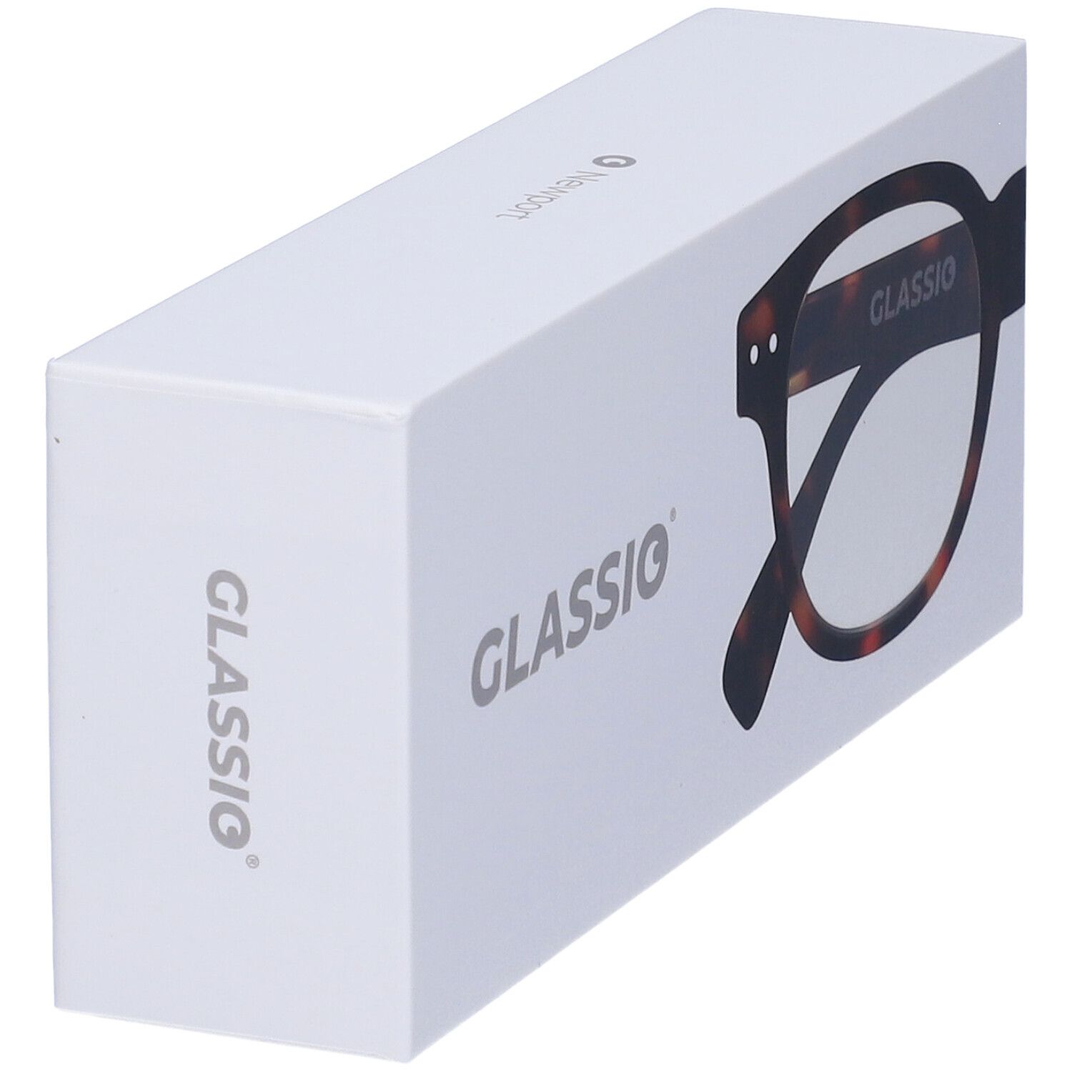 Confezione bianca con logo GLASSiO e disegno di occhiali marroni. Il prodotto è presentato.