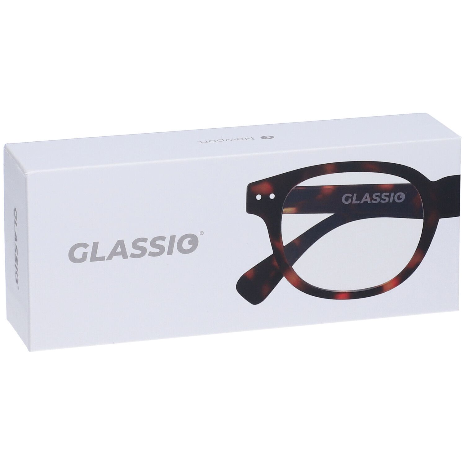 Confezione bianca con logo GLASSiO e disegno di occhiali marroni. Il prodotto è presentato.