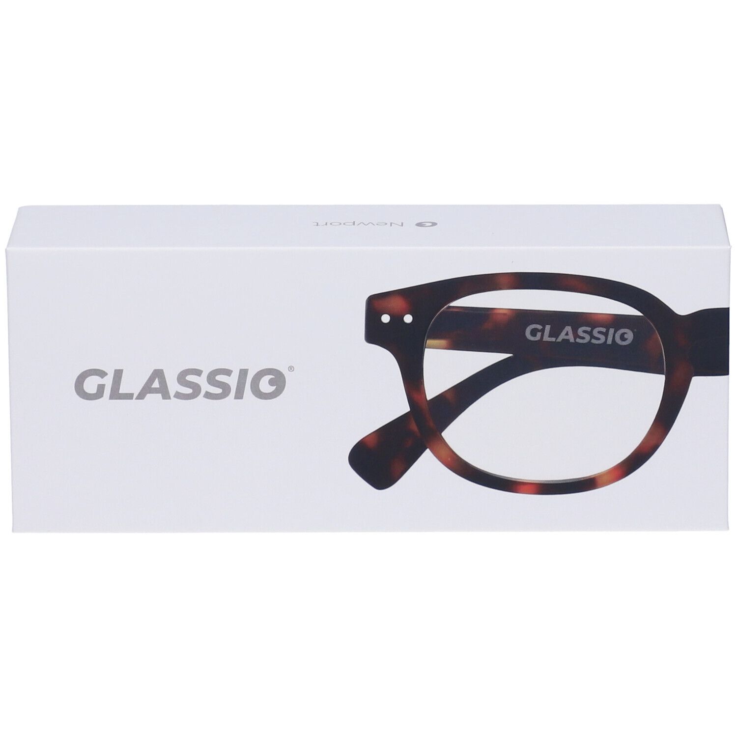 Scatola bianca con immagine di occhiali. Scritta 'GLASSio'. Occhiali: motivo tartarugato.