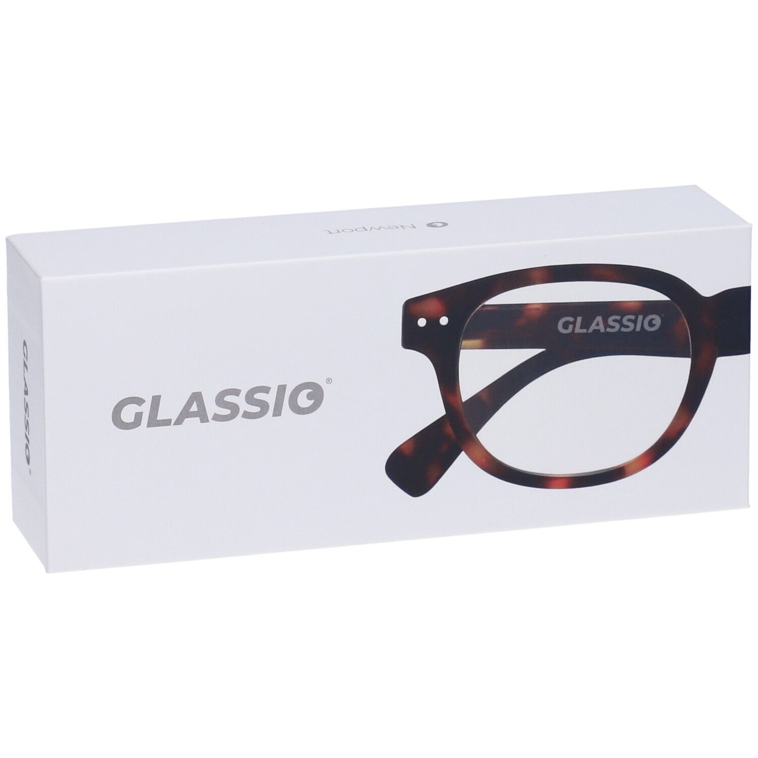Scatola bianca con immagine di occhiali. Scritta 'GLASSio'. Occhiali: motivo tartarugato.