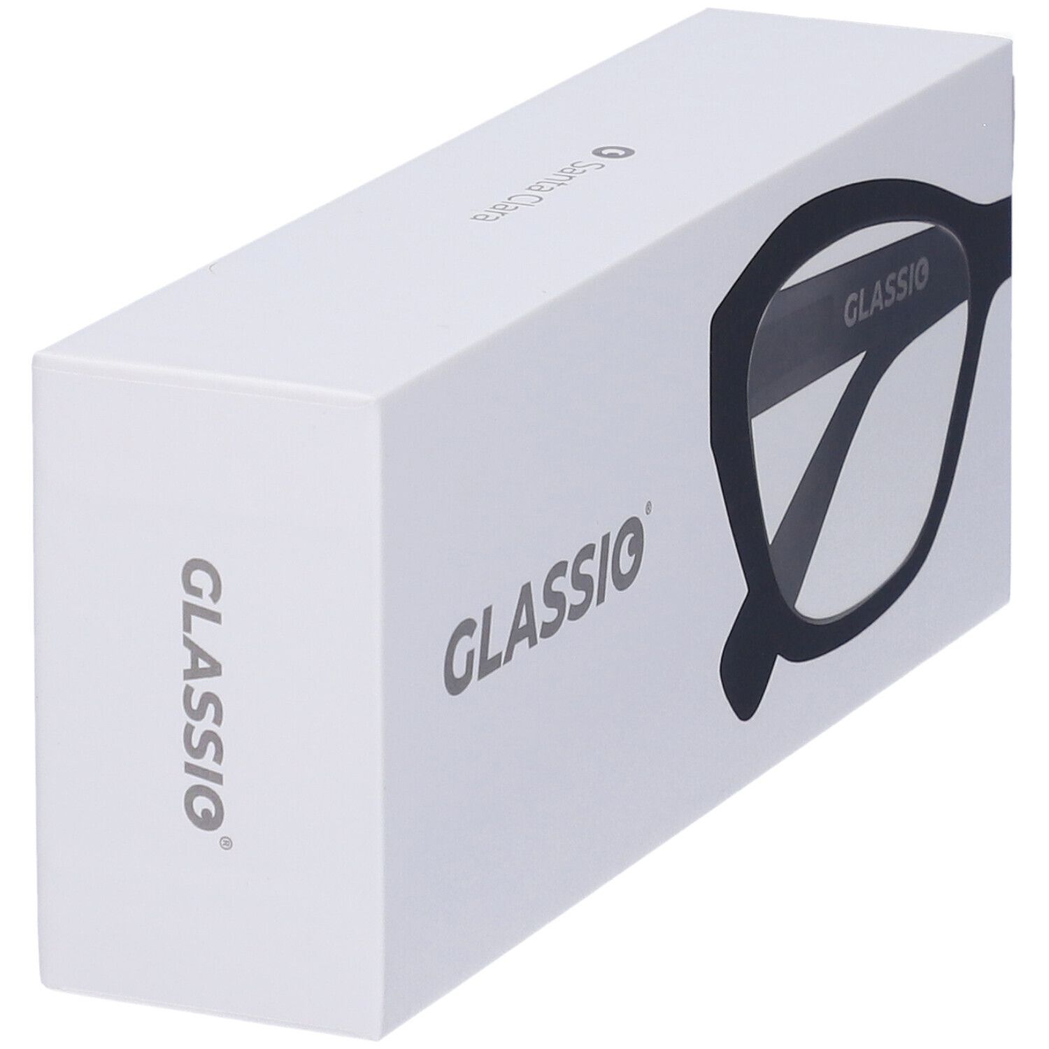 Confezione bianca con logo "GLASSio" e illustrazione di occhiali. La confezione è leggermente inclinata.