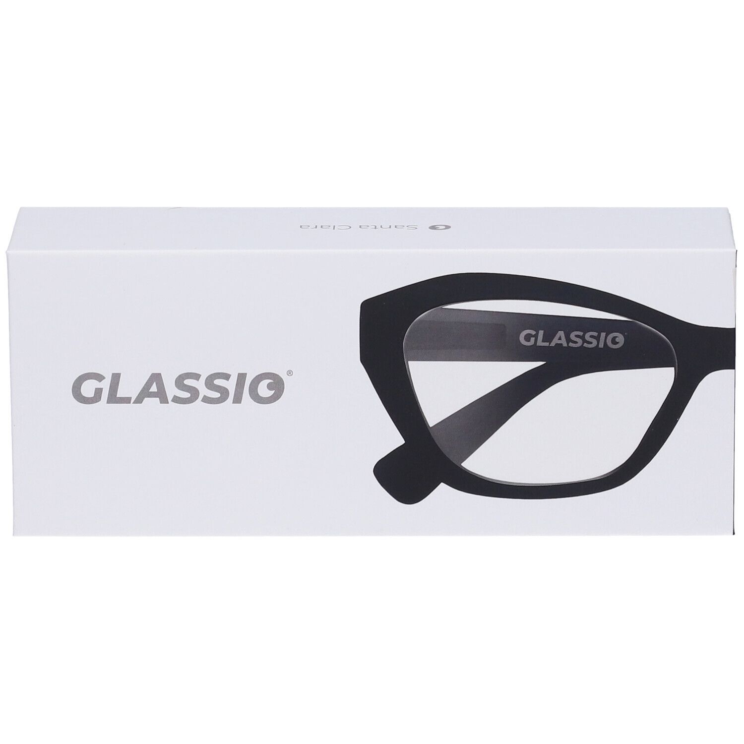 Confezione bianca con logo "GLASSio" e illustrazione di occhiali. Gli occhiali sono neri.