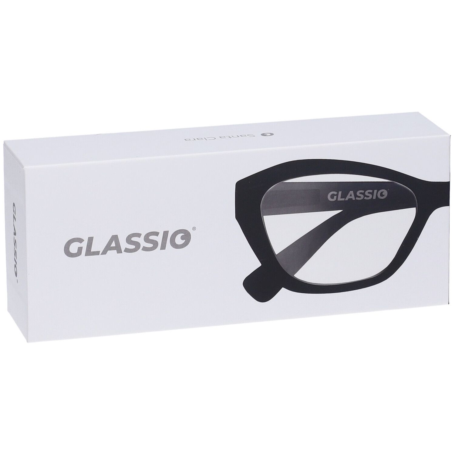 Confezione bianca con logo "GLASSio" e illustrazione di occhiali. Gli occhiali sono neri.