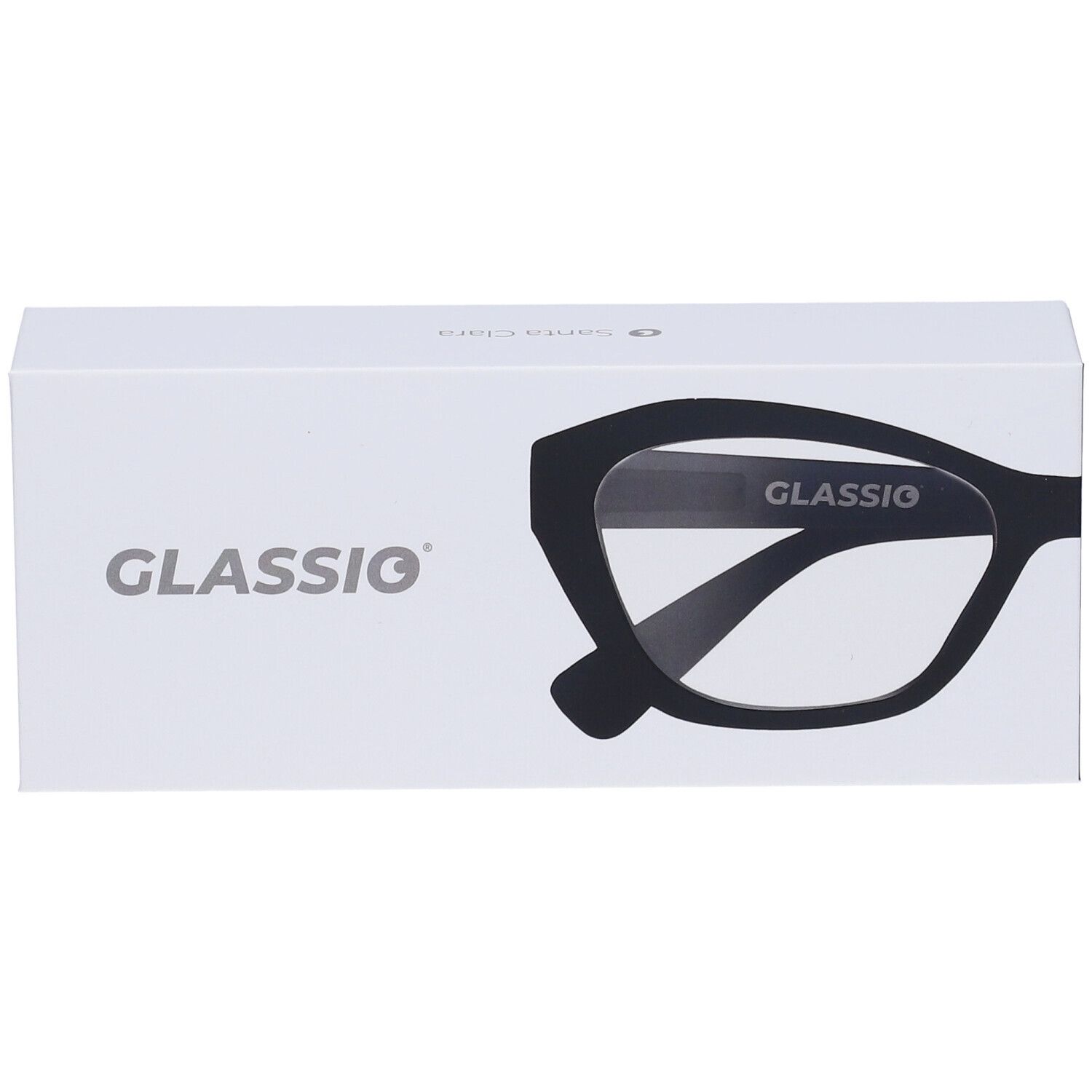 Confezione bianca con sagoma di occhiali neri. Scritta "GLASSio".