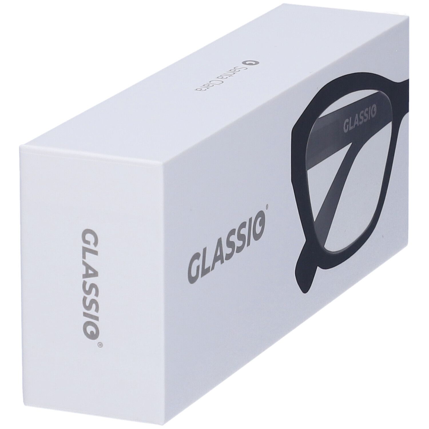 Confezione bianca con contorno occhiali. Scritta GLASSio. Vista angolata.