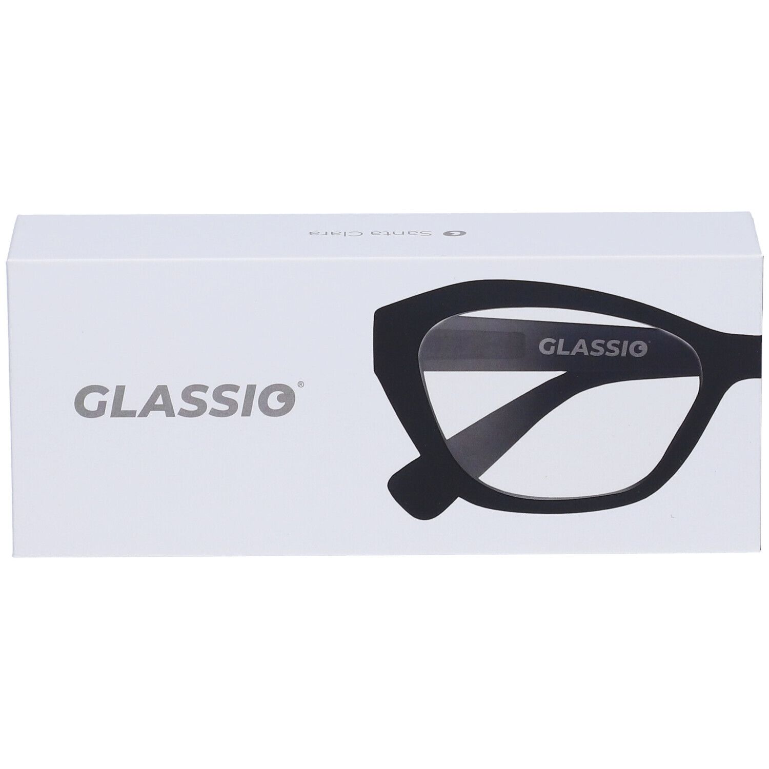 Confezione bianca con contorno occhiali. Scritta GLASSio e design occhiali.