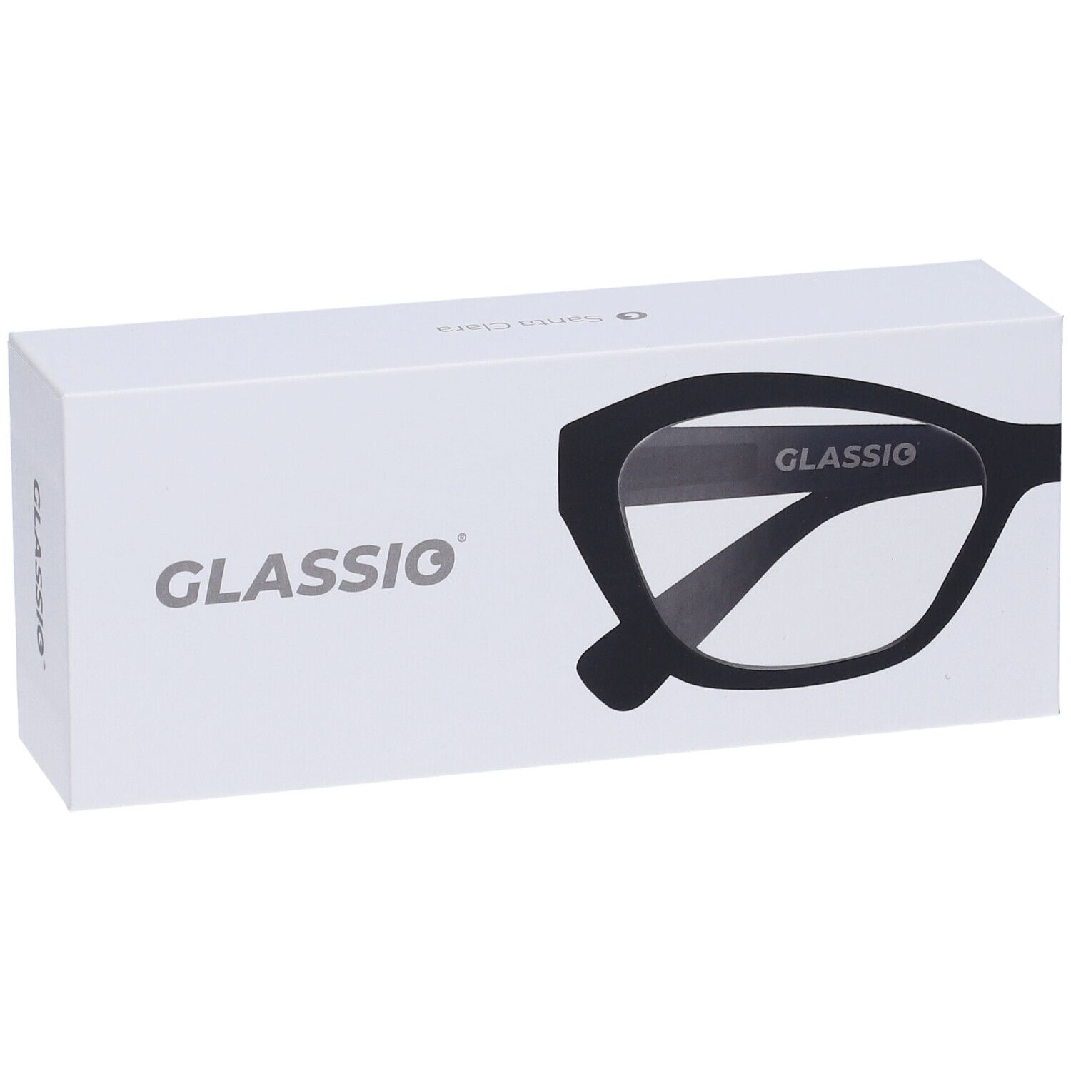 Confezione bianca con contorno occhiali. Scritta GLASSio e design occhiali.