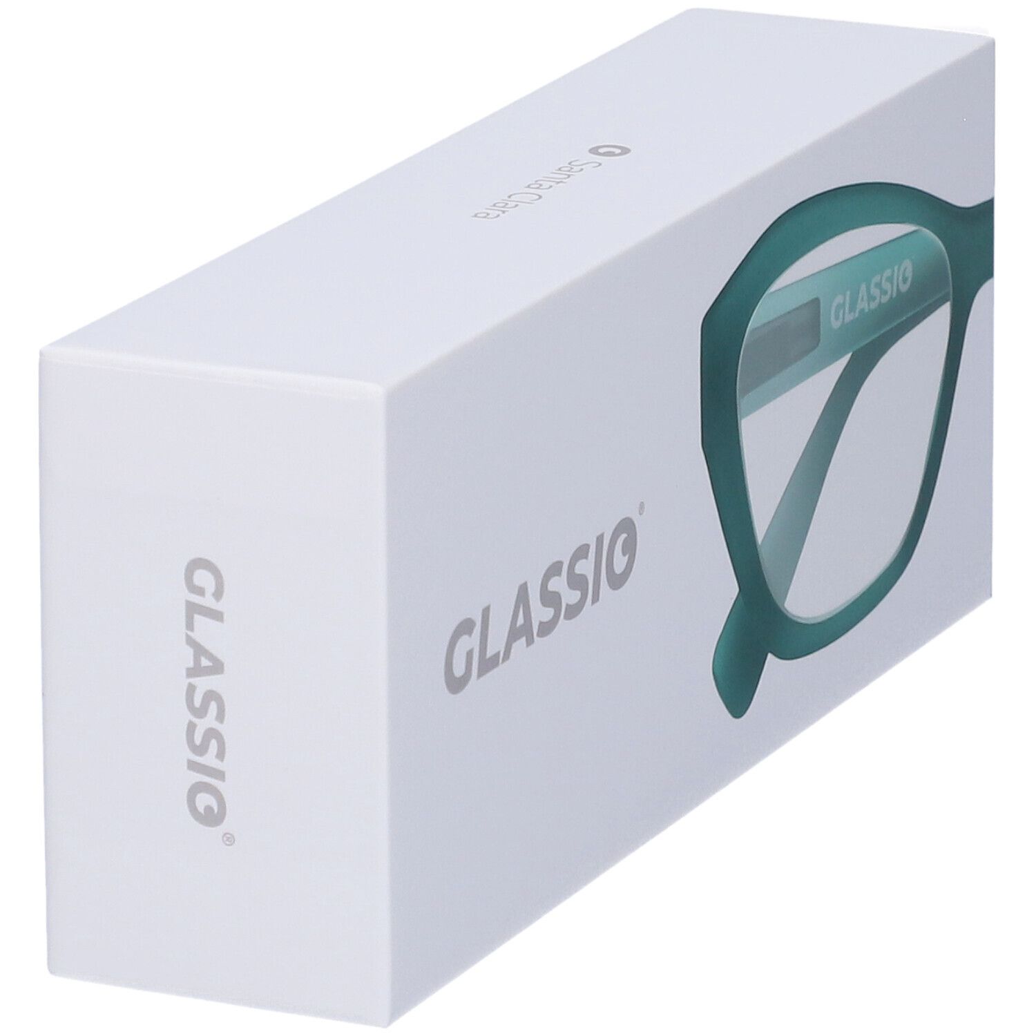 Confezione bianca con "GLASSIIO" e montatura verde. Il nome "GLASSIIO" è stampato.