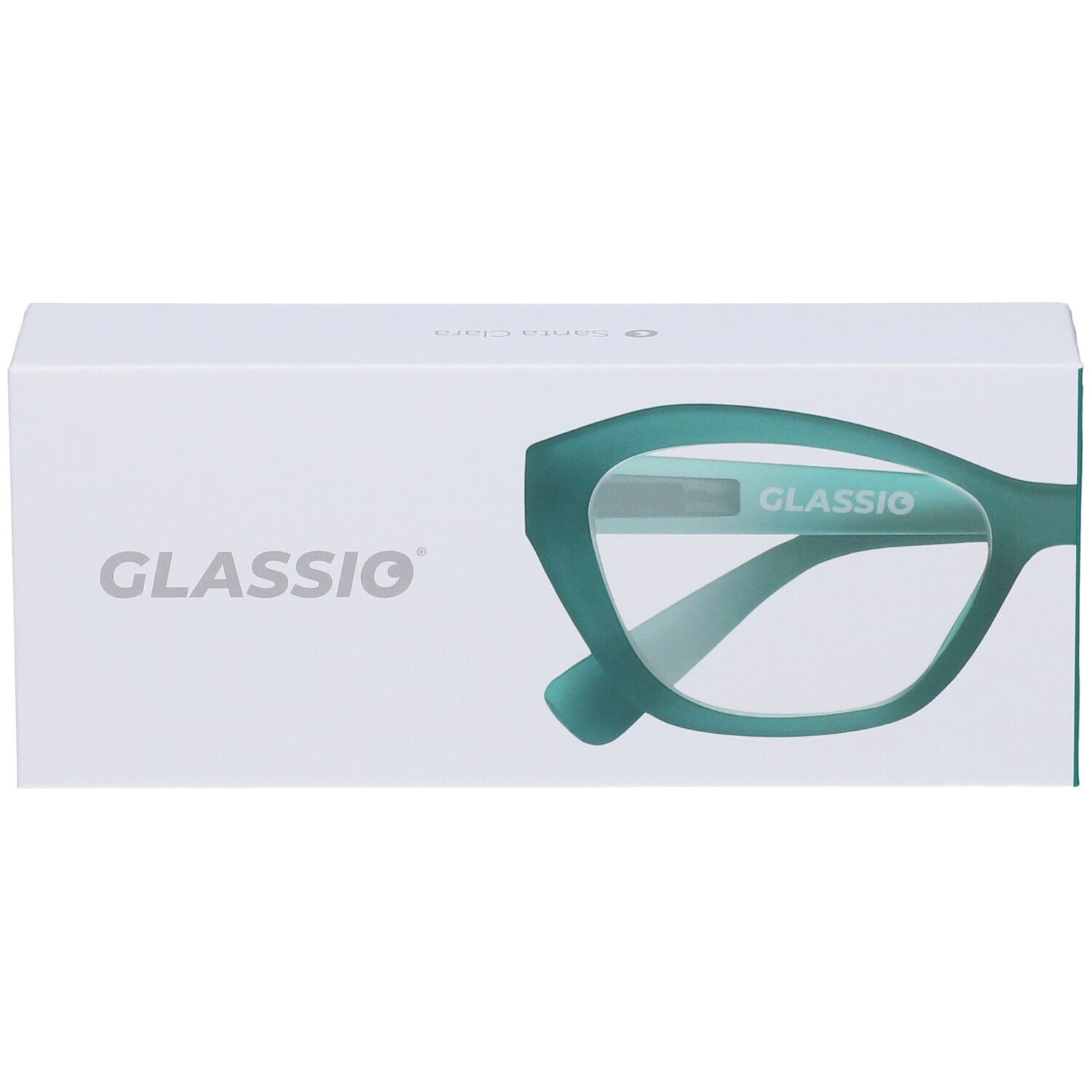 Confezione bianca con "GLASSIIO" e occhiali verdi. Il nome "GLASSIIO" è sulla confezione.