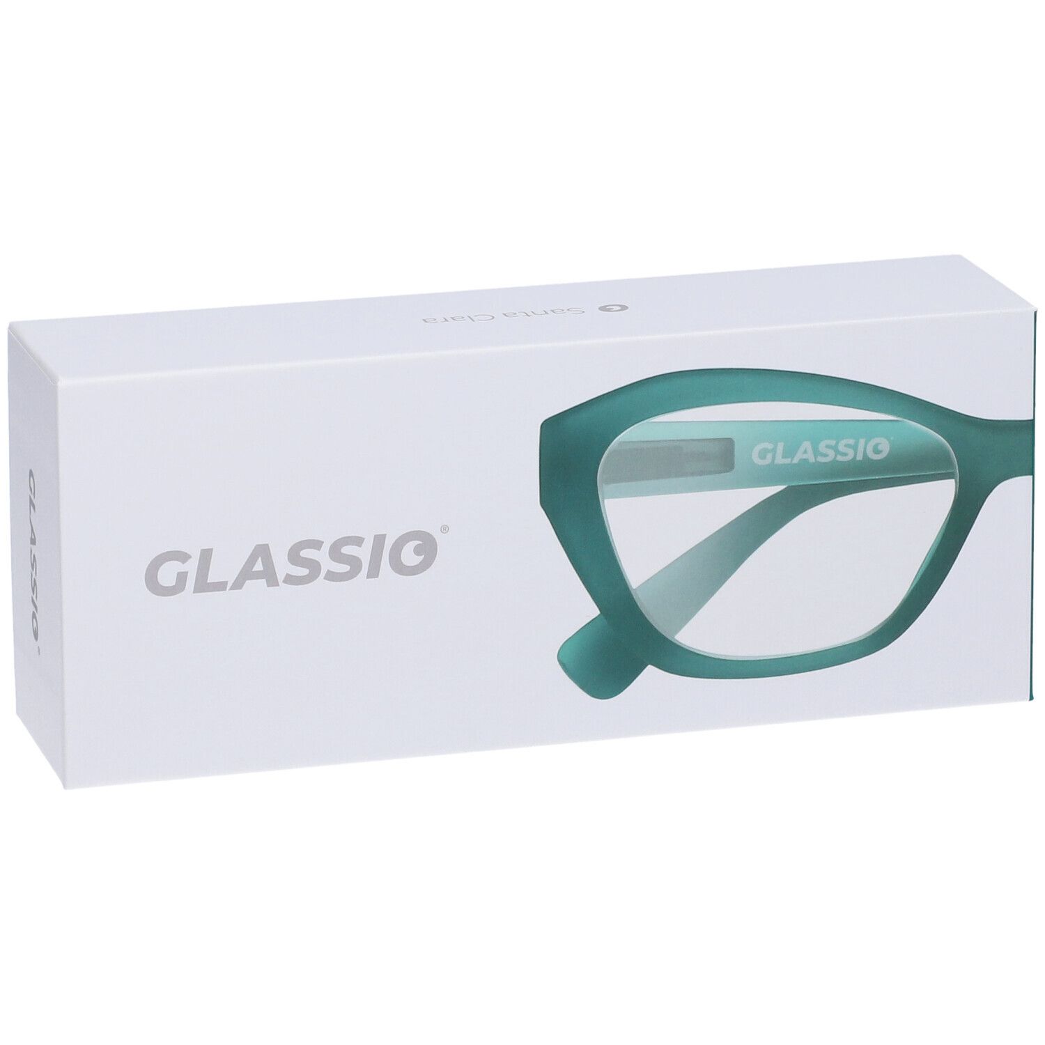 Confezione bianca con "GLASSIIO" e occhiali verdi. Il nome "GLASSIIO" è sulla confezione.
