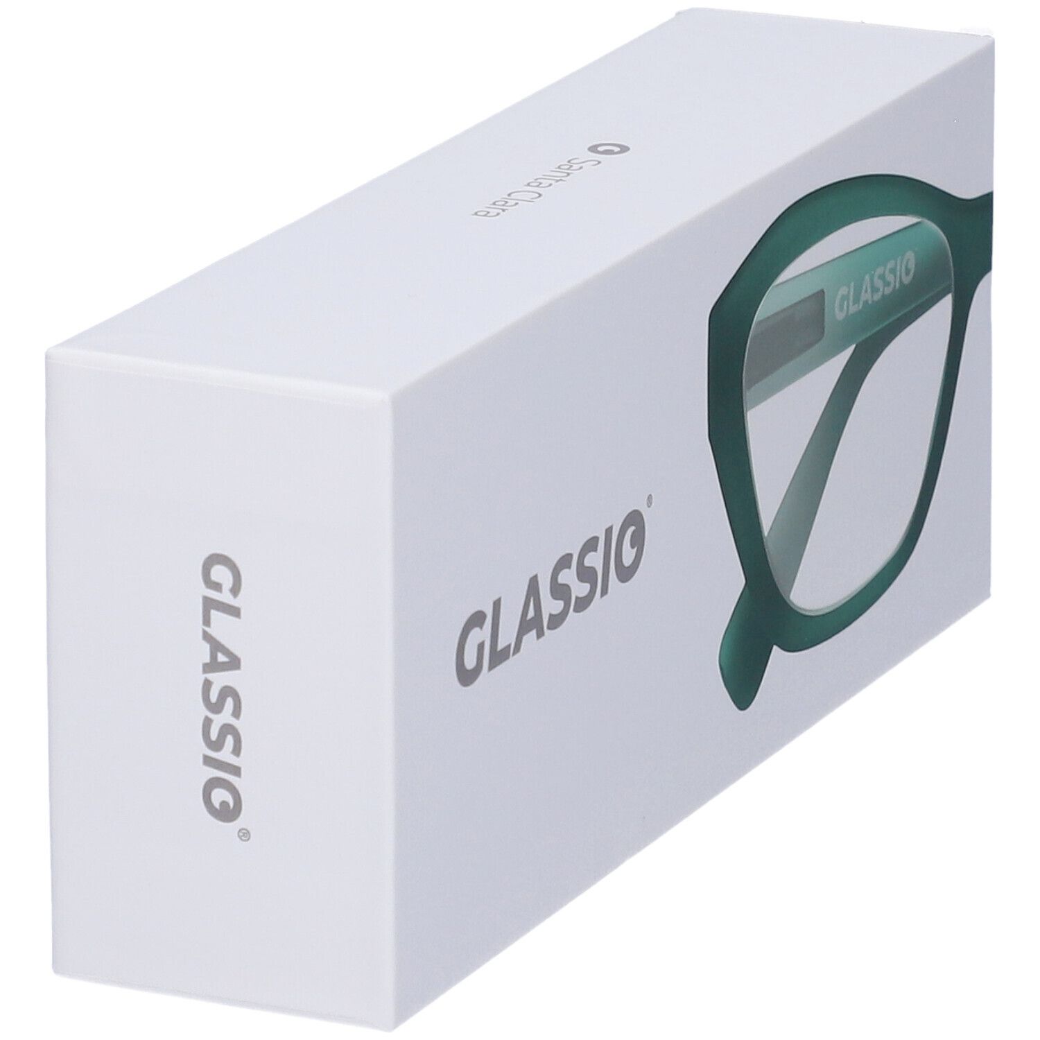 Confezione bianca con design di occhiali verdi. Marchio GLASSiO. Occhiali parzialmente visibili.