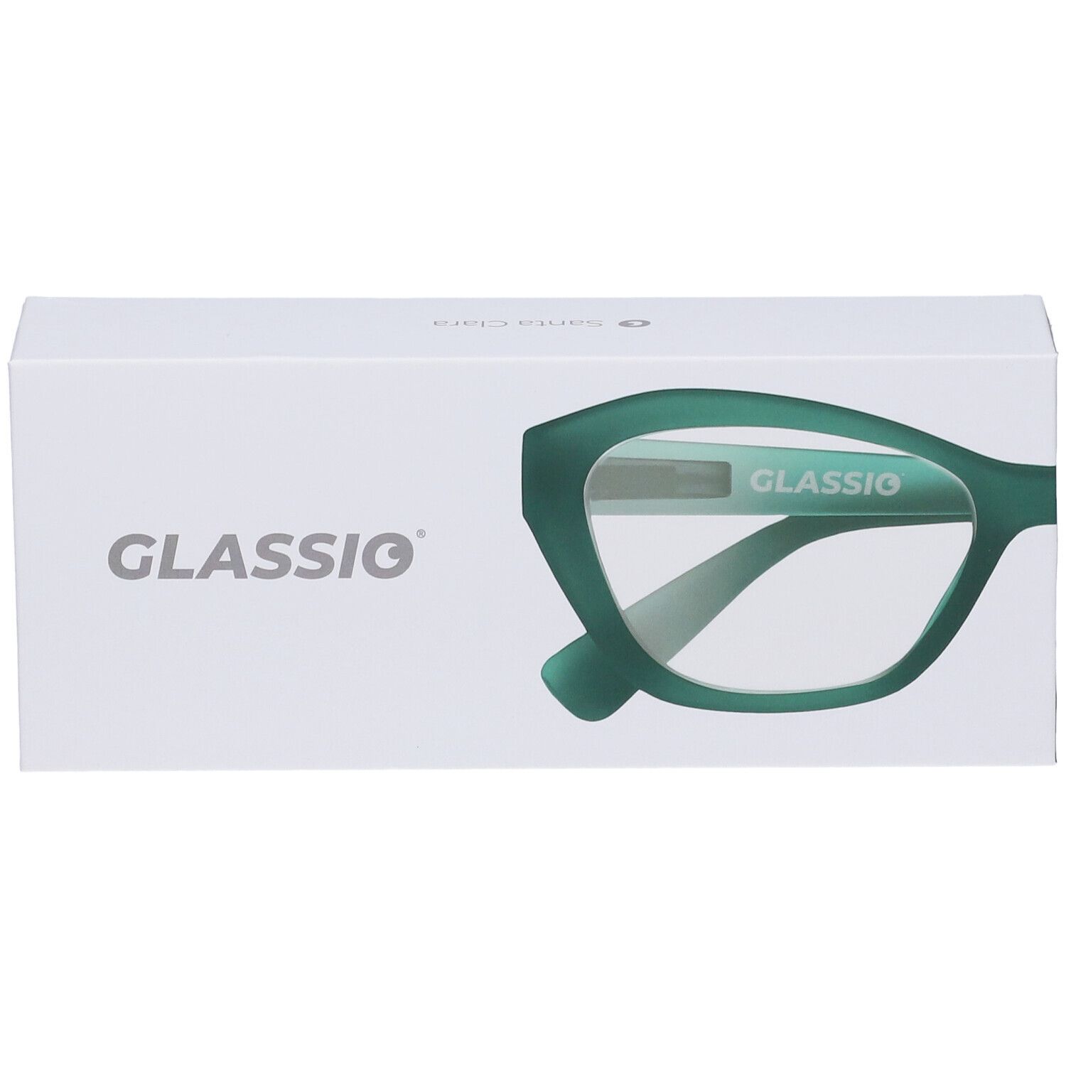 Confezione bianca con design di occhiali verdi. Marchio GLASSiO. Occhiali parzialmente visibili, verdi.
