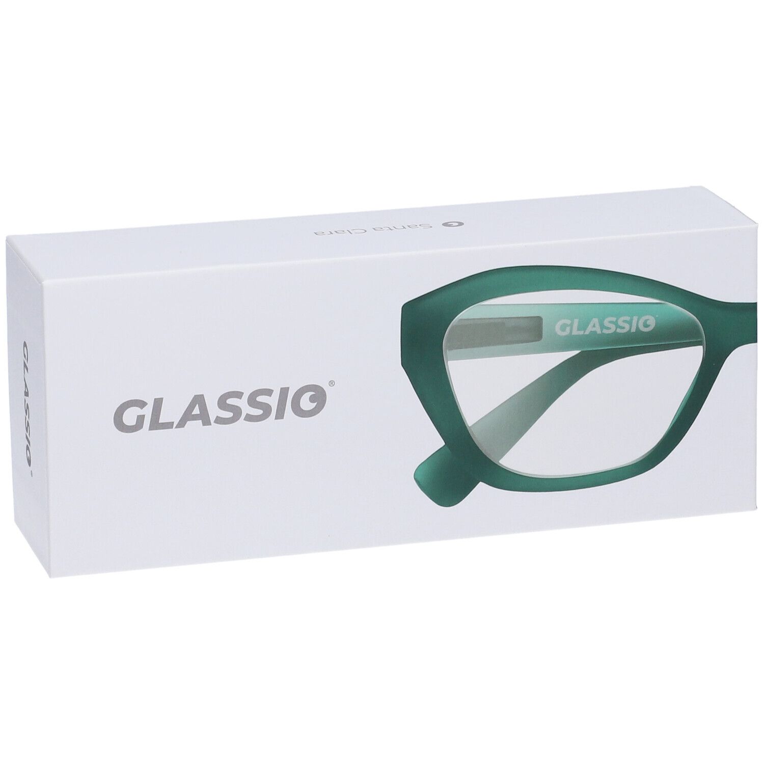 Confezione bianca con design di occhiali verdi. Marchio GLASSiO. Occhiali parzialmente visibili, verdi.