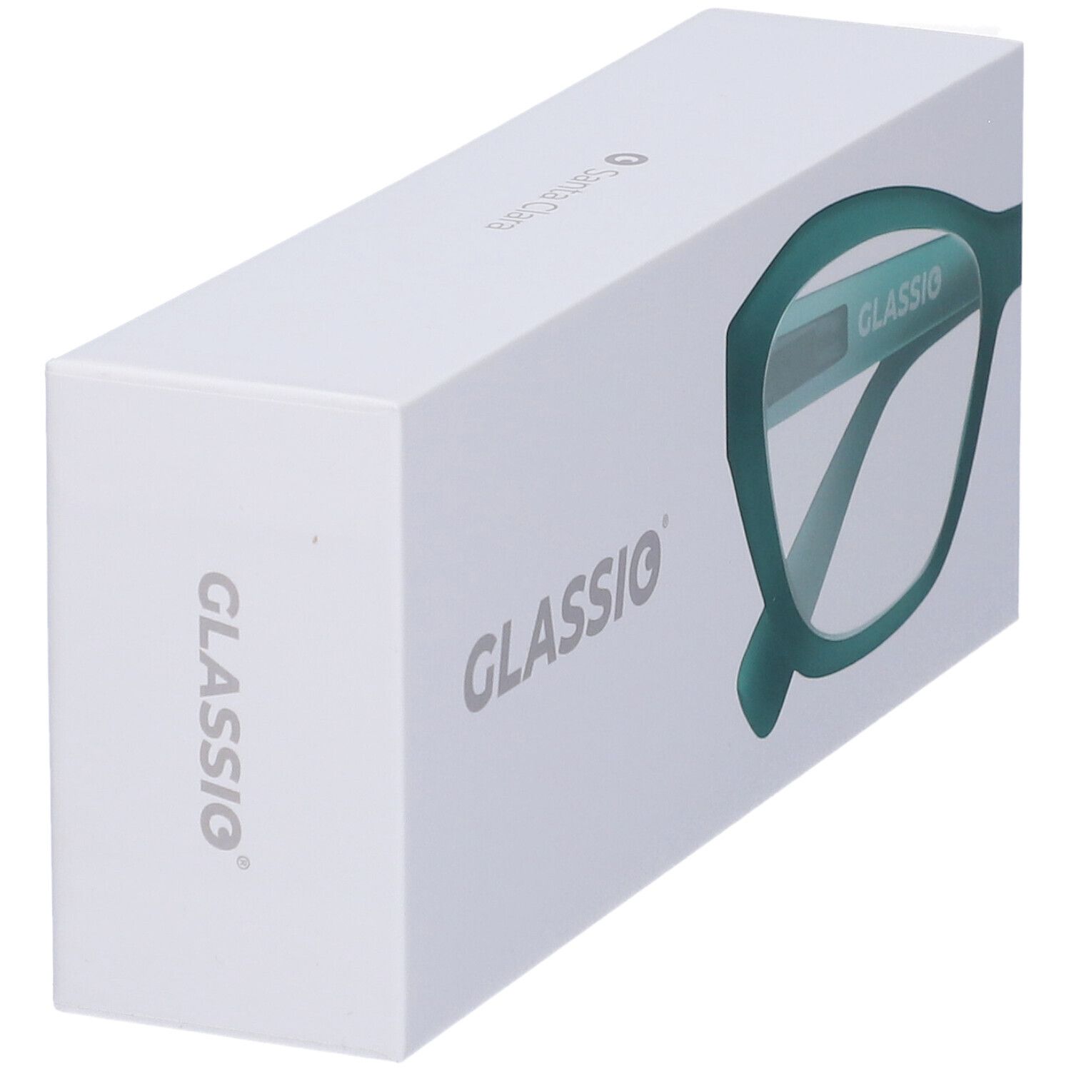 Confezione con logo Glassio. Sulla confezione è raffigurato un occhiale verde. Il prodotto è confezionato in una scatola bianca.