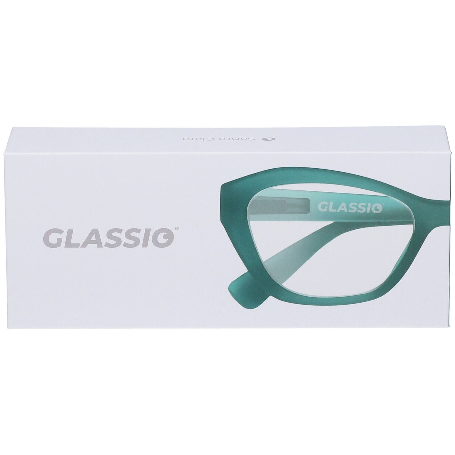 Confezione con logo Glassio. Sulla confezione è raffigurato un occhiale verde. Il prodotto è confezionato in una scatola bianca.