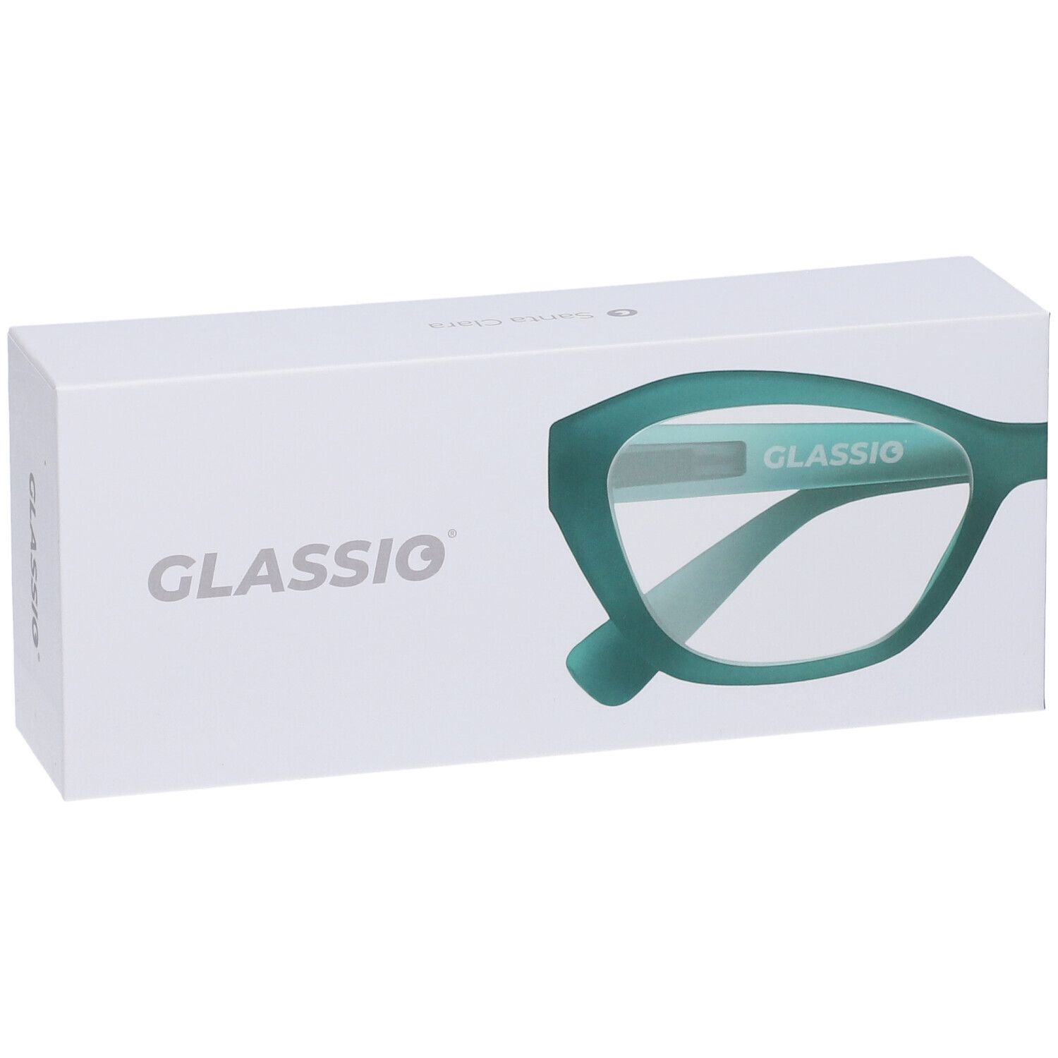 Confezione con logo Glassio. Sulla confezione è raffigurato un occhiale verde. Il prodotto è confezionato in una scatola bianca.