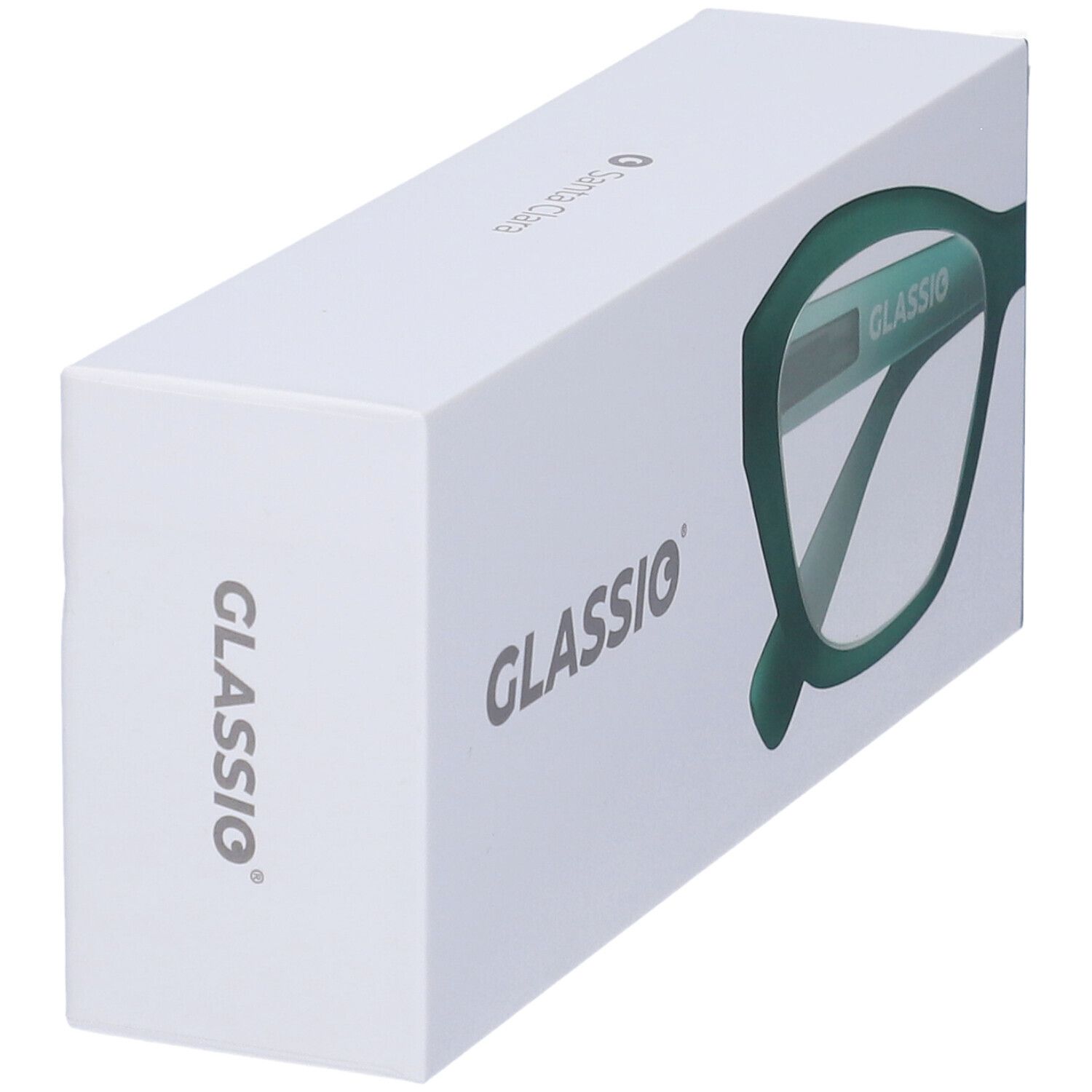 Confezione rettangolare bianca con il marchio Glassio. È raffigurato un modello di occhiali verde.