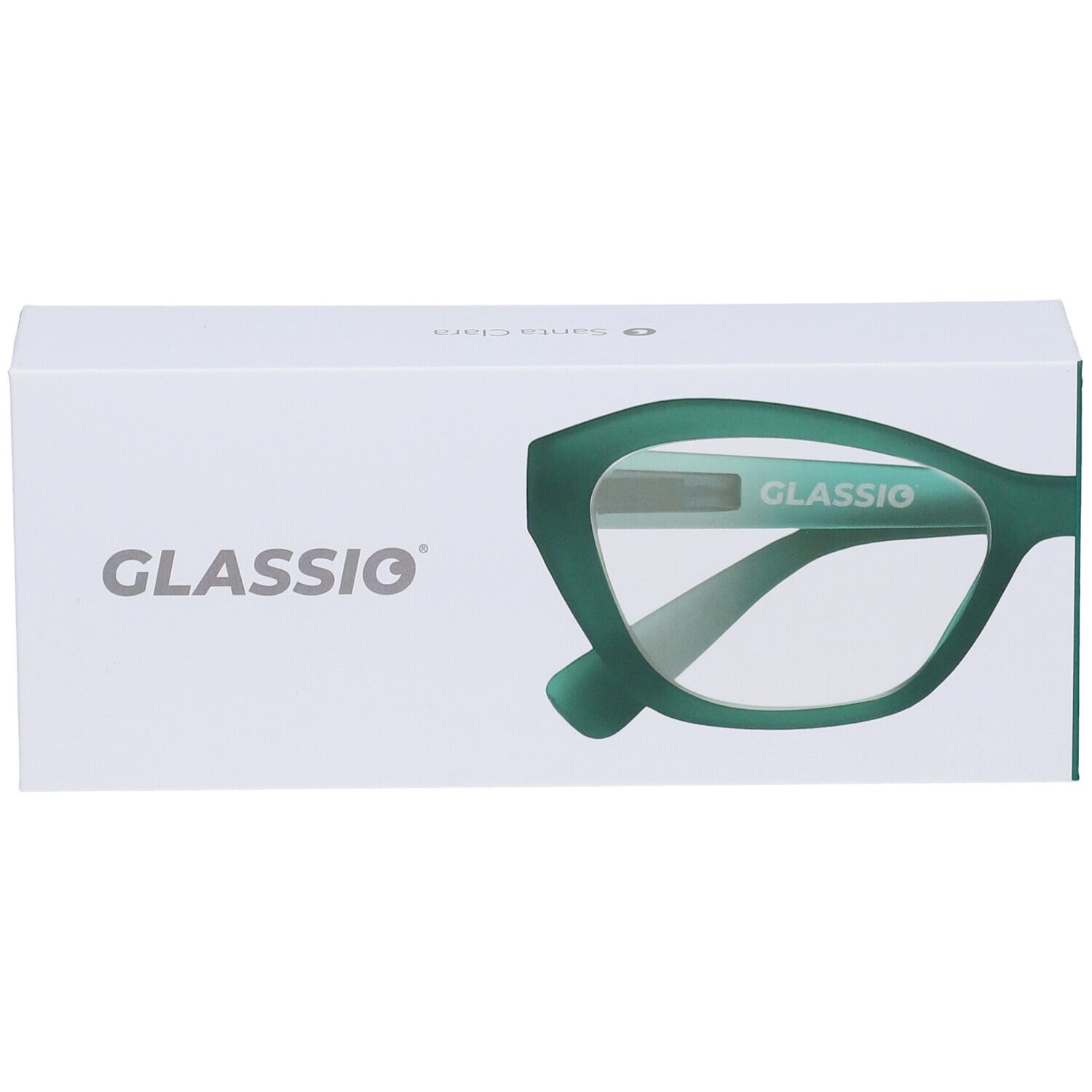 Confezione bianca con il marchio Glassio. È raffigurato un modello di occhiali verde.