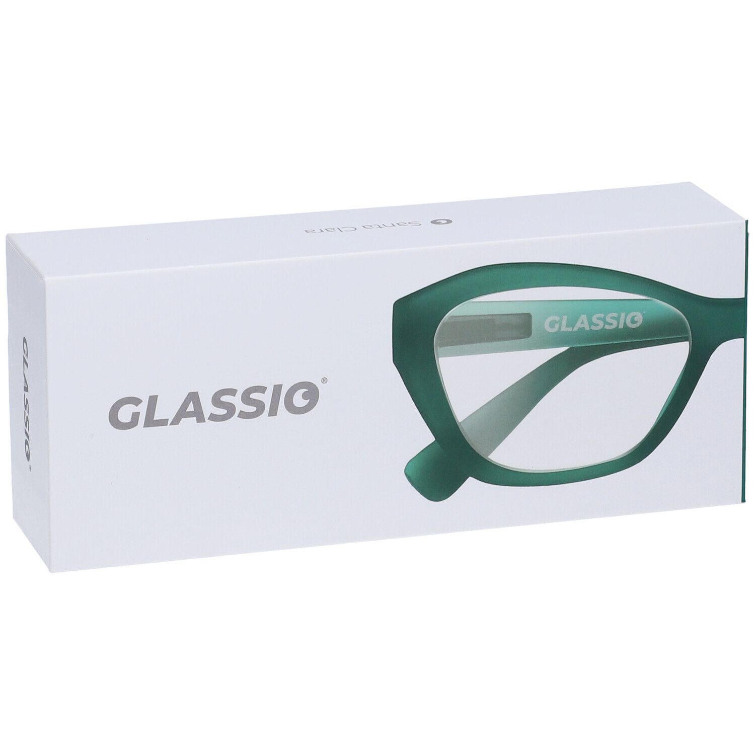 Confezione bianca con il marchio Glassio. È raffigurato un modello di occhiali verde.