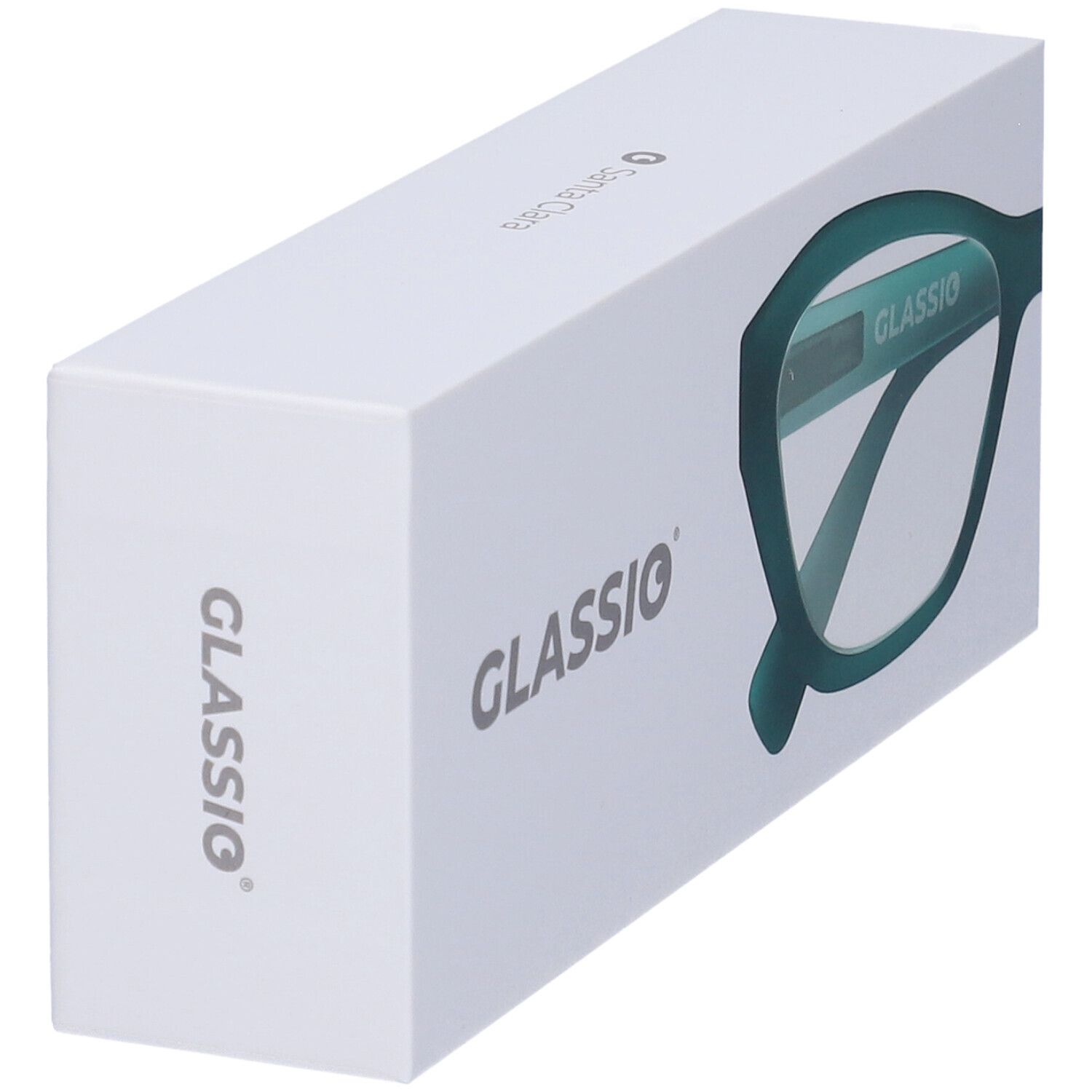 Confezione con occhiali. Stampa: GLASSiO. Forma degli occhiali verde raffigurata. Confezione bianca con dettagli verdi.