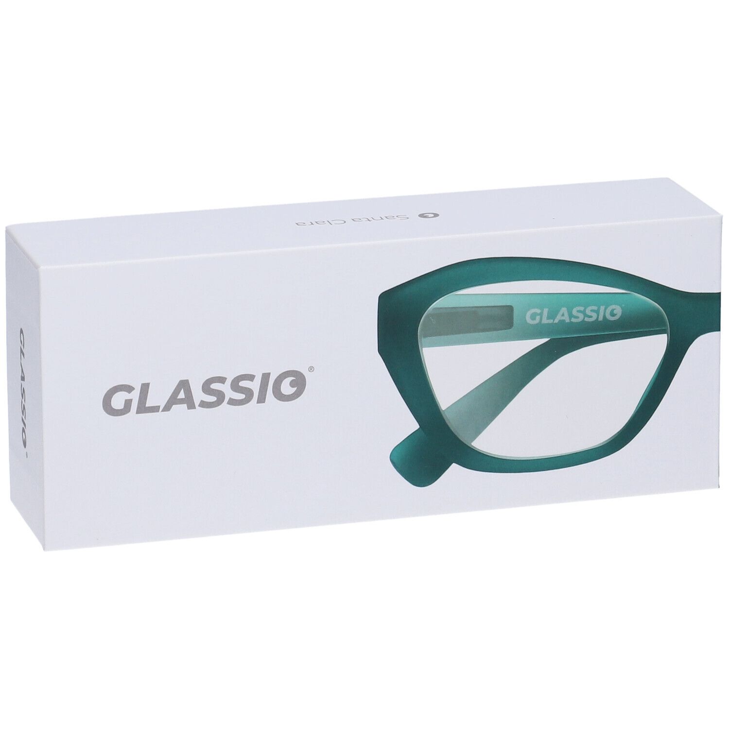 Occhiali in confezione. Stampa: GLASSiO. Forma degli occhiali verde raffigurata. Confezione bianca con dettagli verdi.